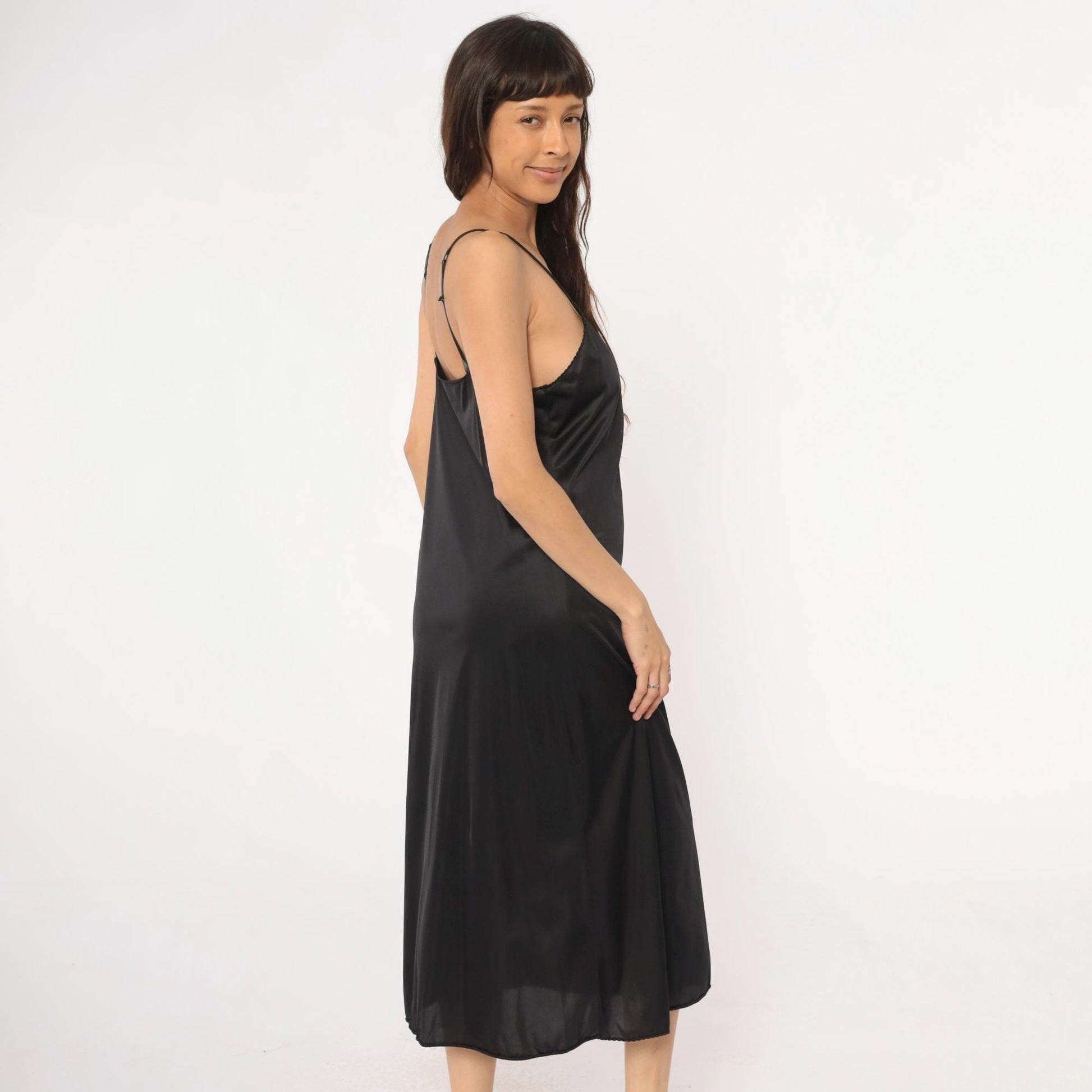 90s Vanity Fair Black Slip Dress Spaghetti Strap Lace Trim Midi Medium