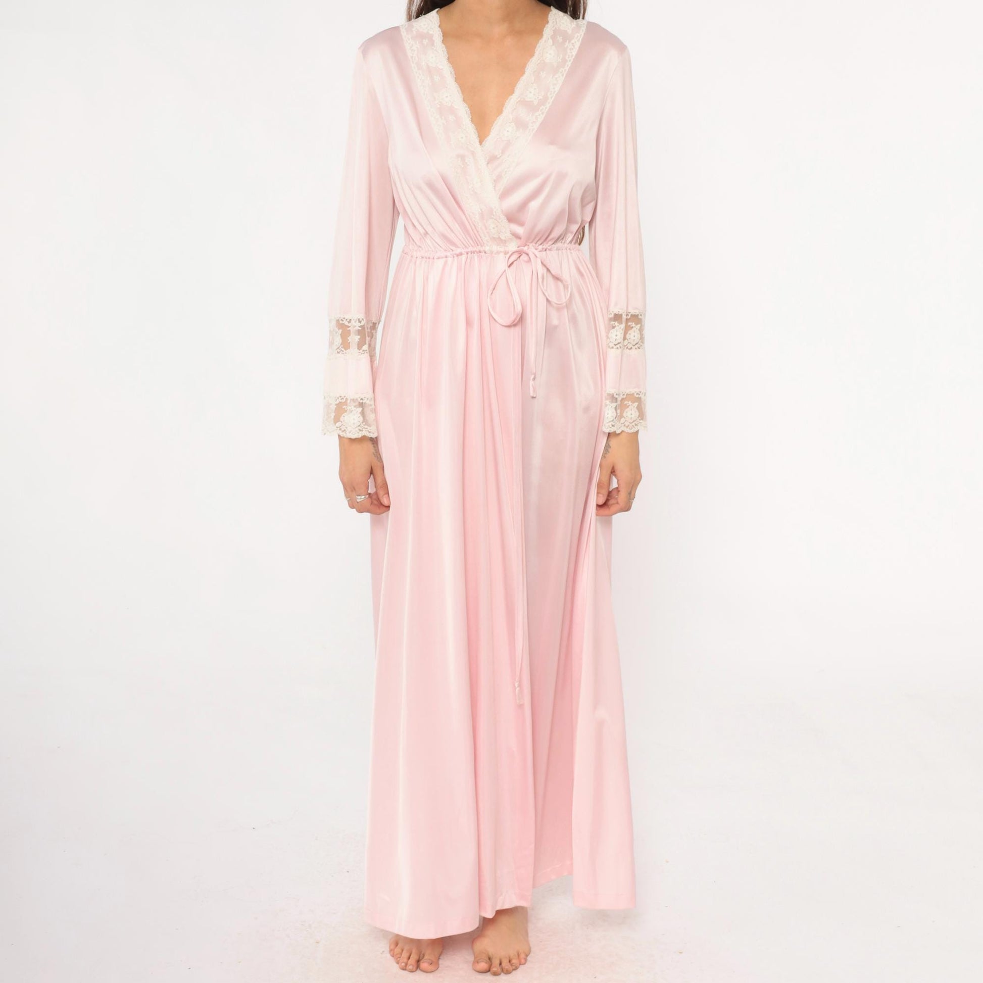90s Pink Lace Wrap Robe Maxi Long Sleeve Tie Waist Nightgown Medium