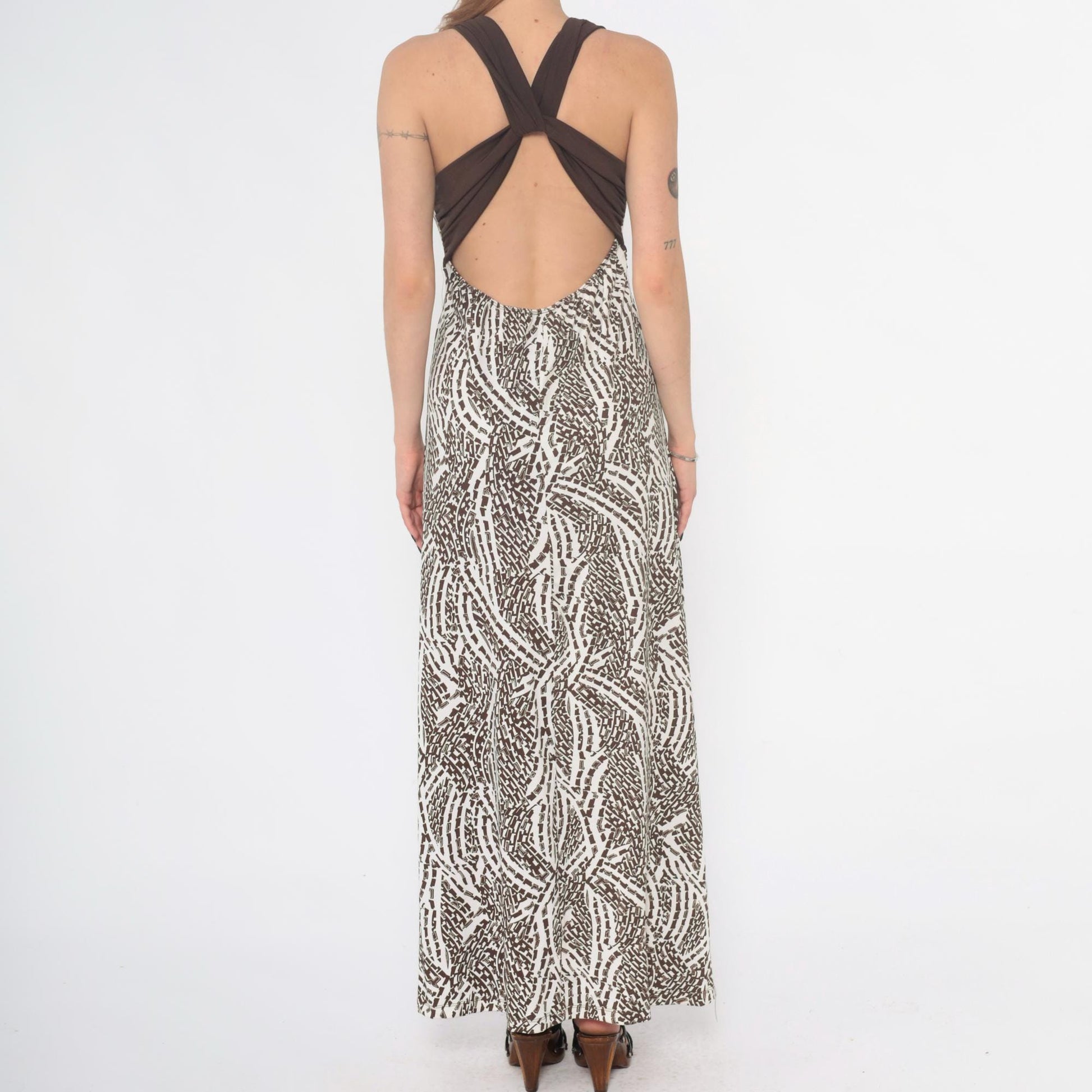 Y2K Hypnotik Halter Maxi Dress Brown Geometric Open Back Medium M