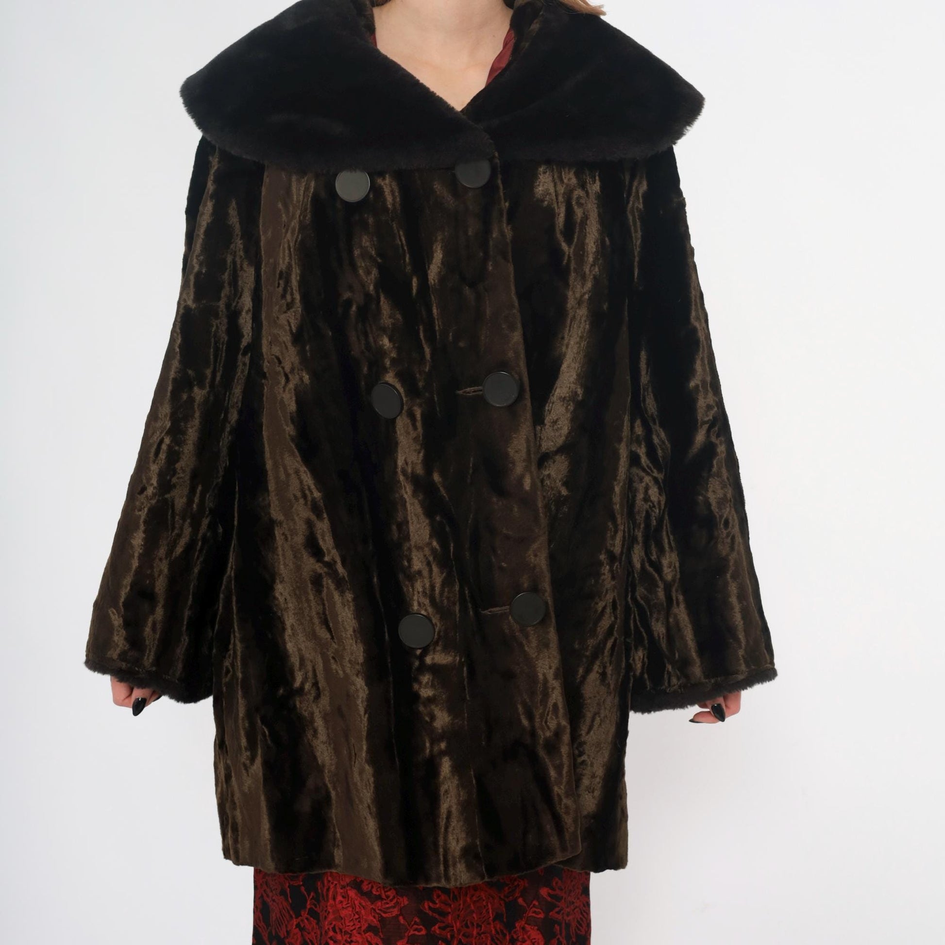 70s Brown Crushed Velvet Coat Black Faux Fur Collar Button Front Extra Large XXL