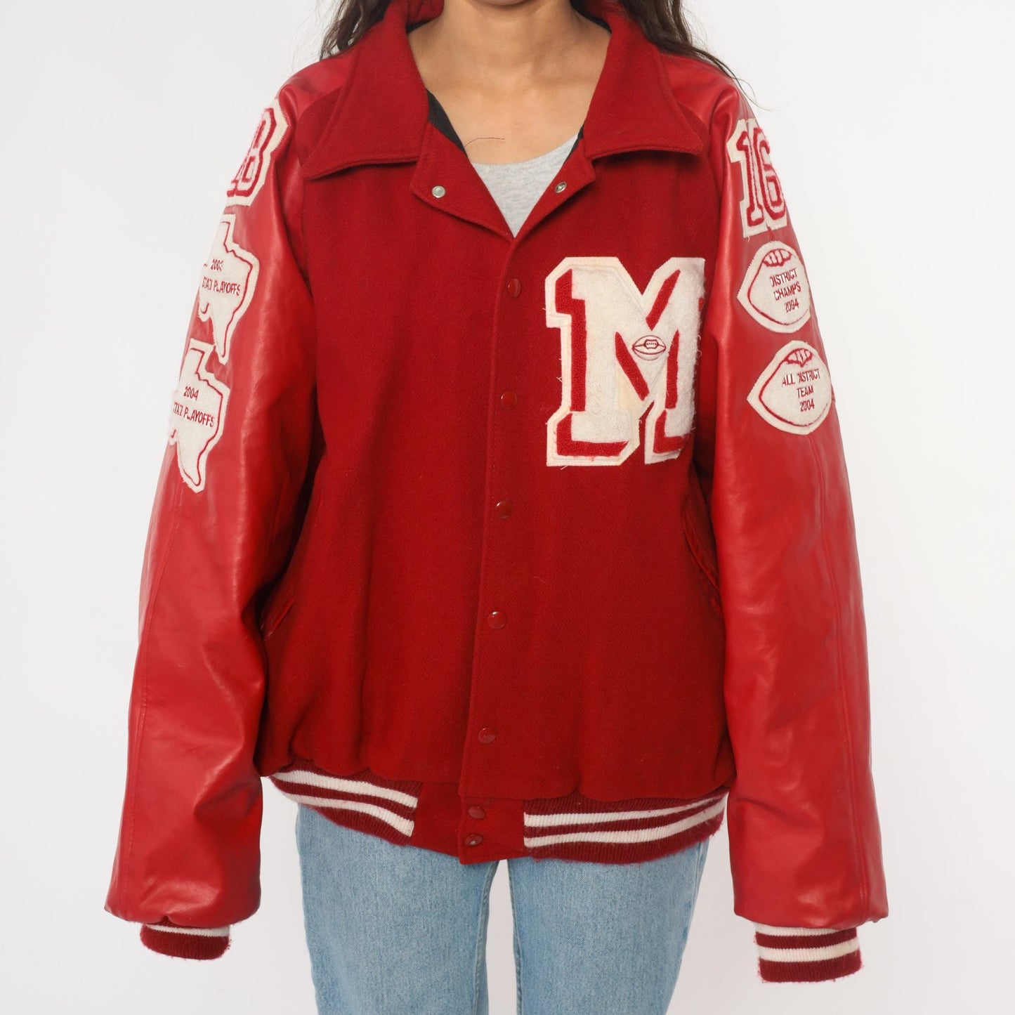 Y2K Neff Red Wool Varsity Jacket Leather Sleeves Football Patches XXL