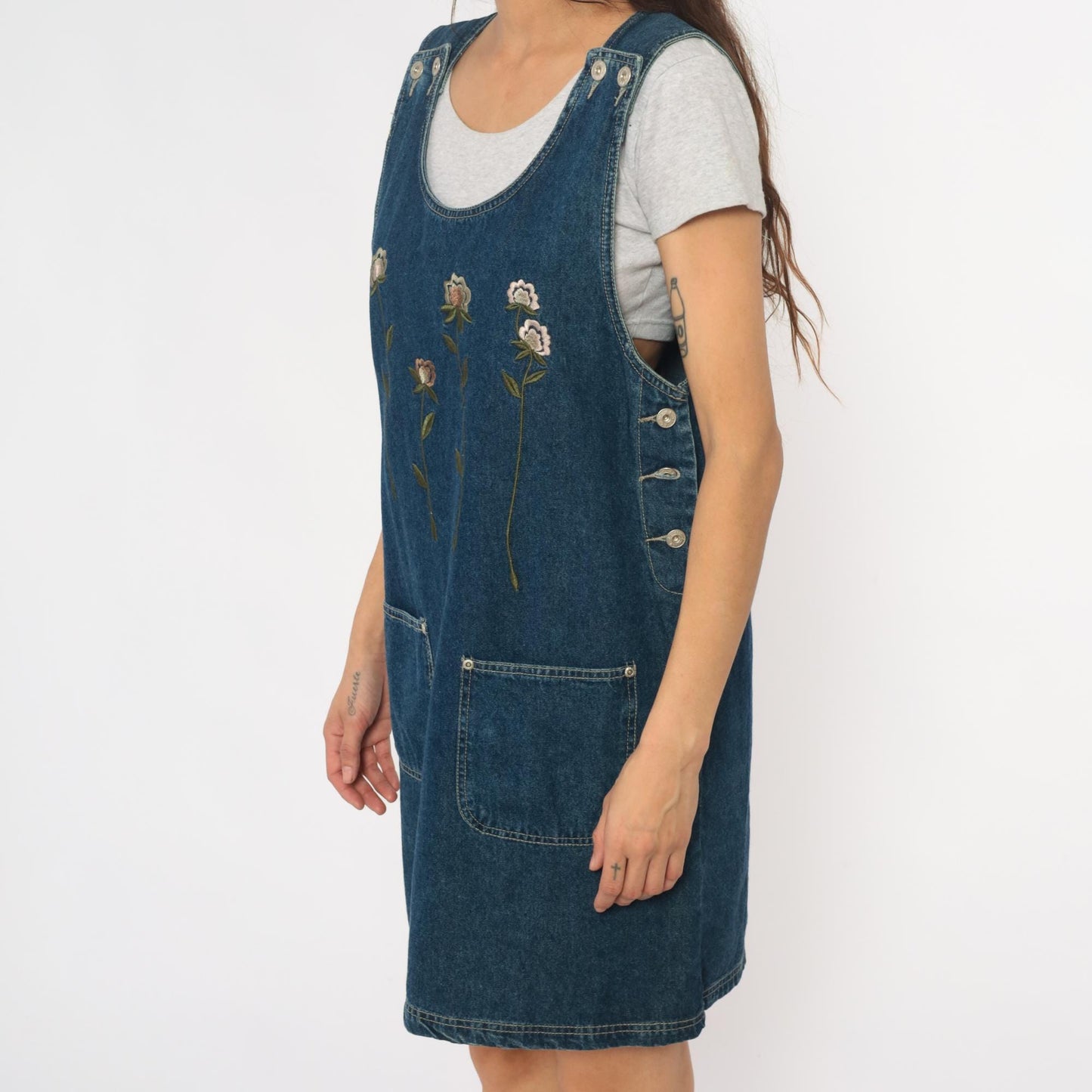 90s Floral Embroidered Denim Jumper Dress Blue Jean Pinafore Medium M