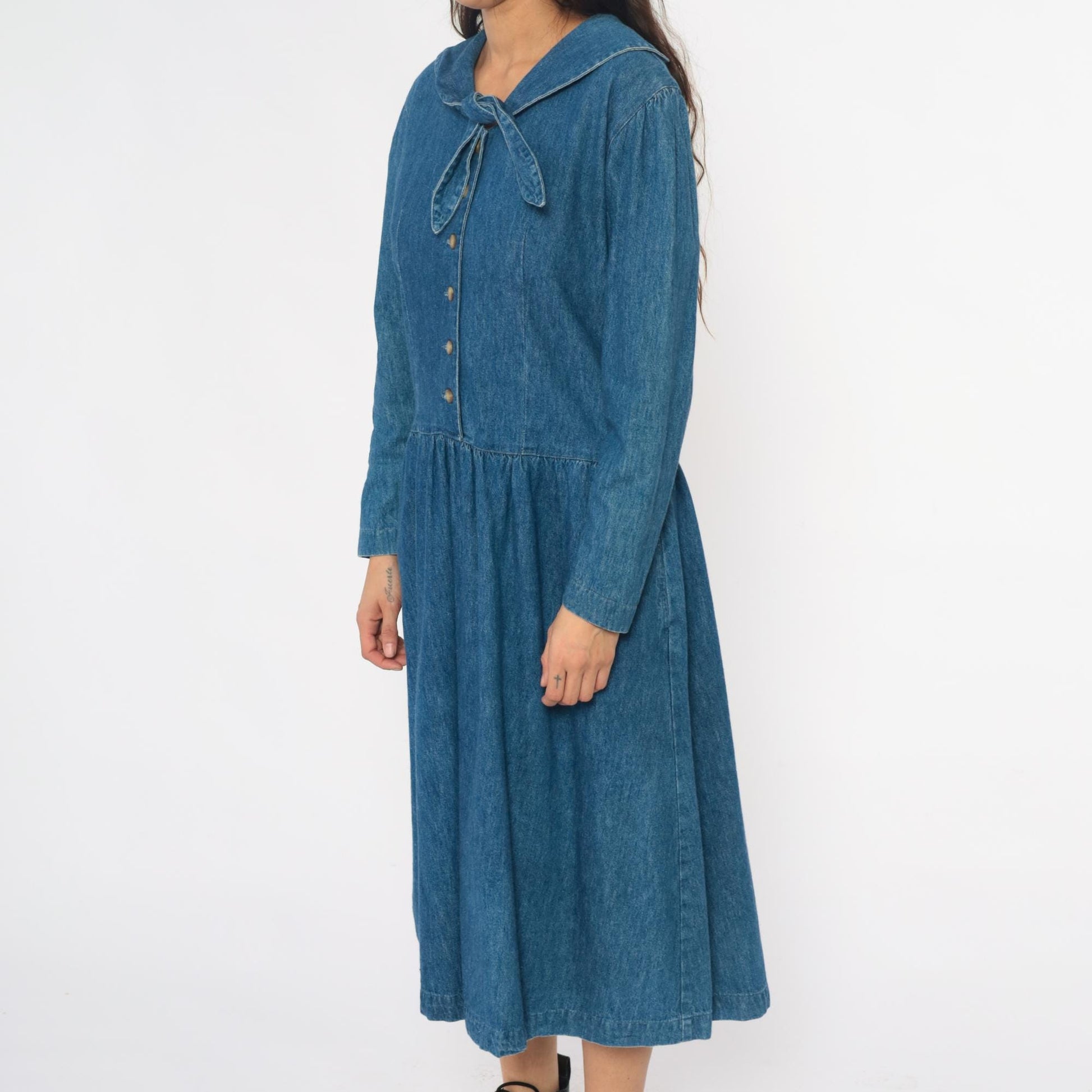90s All Week Long Denim Shirtdress Blue Cotton Peter Pan Collar Medium