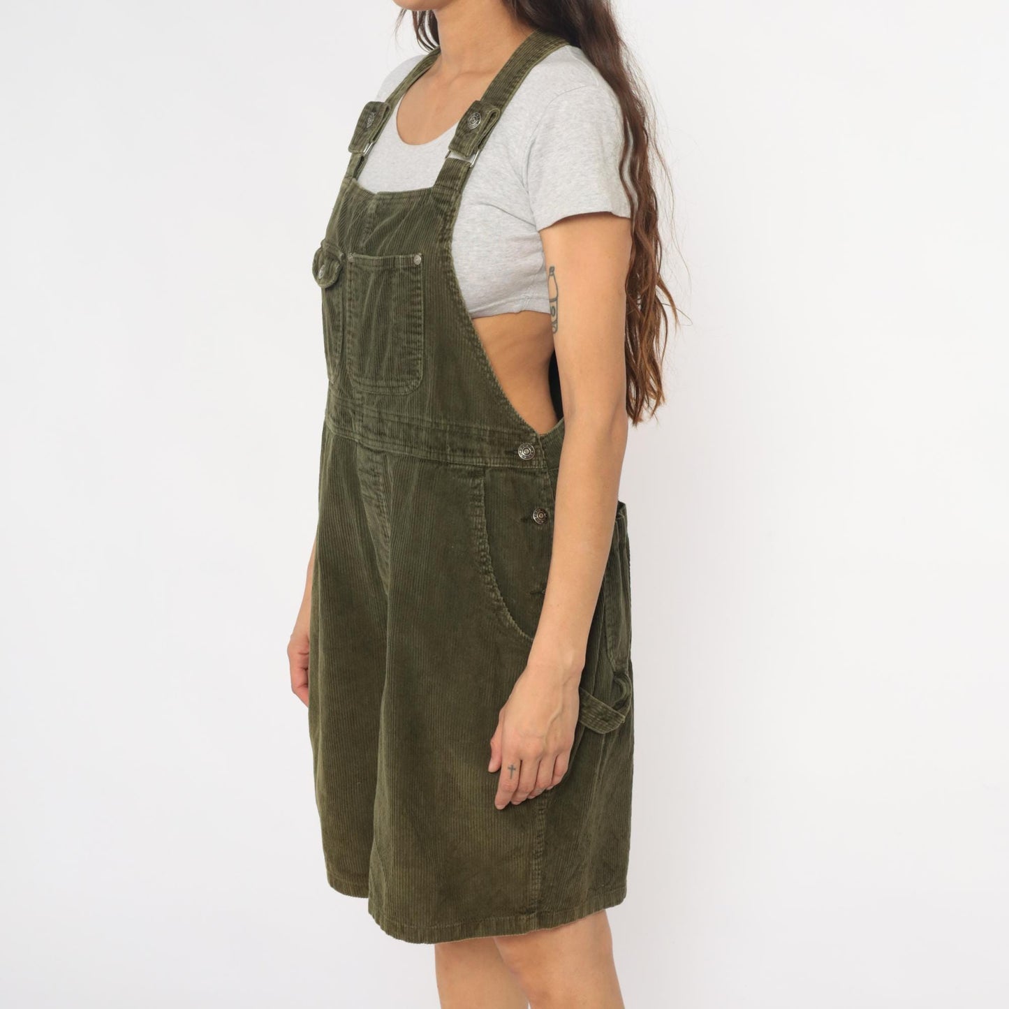 90s Olive Green Corduroy Overall Shorts Adjustable Straps Cross-Back Large L