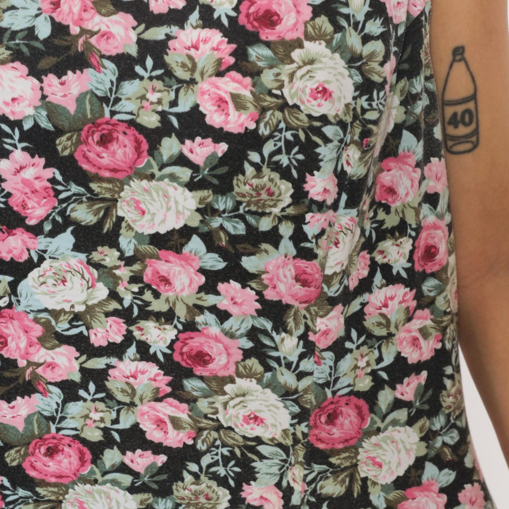 90s Lady Dorby Floral Dress Black Pink Rose Print Sleeveless Cutout Large