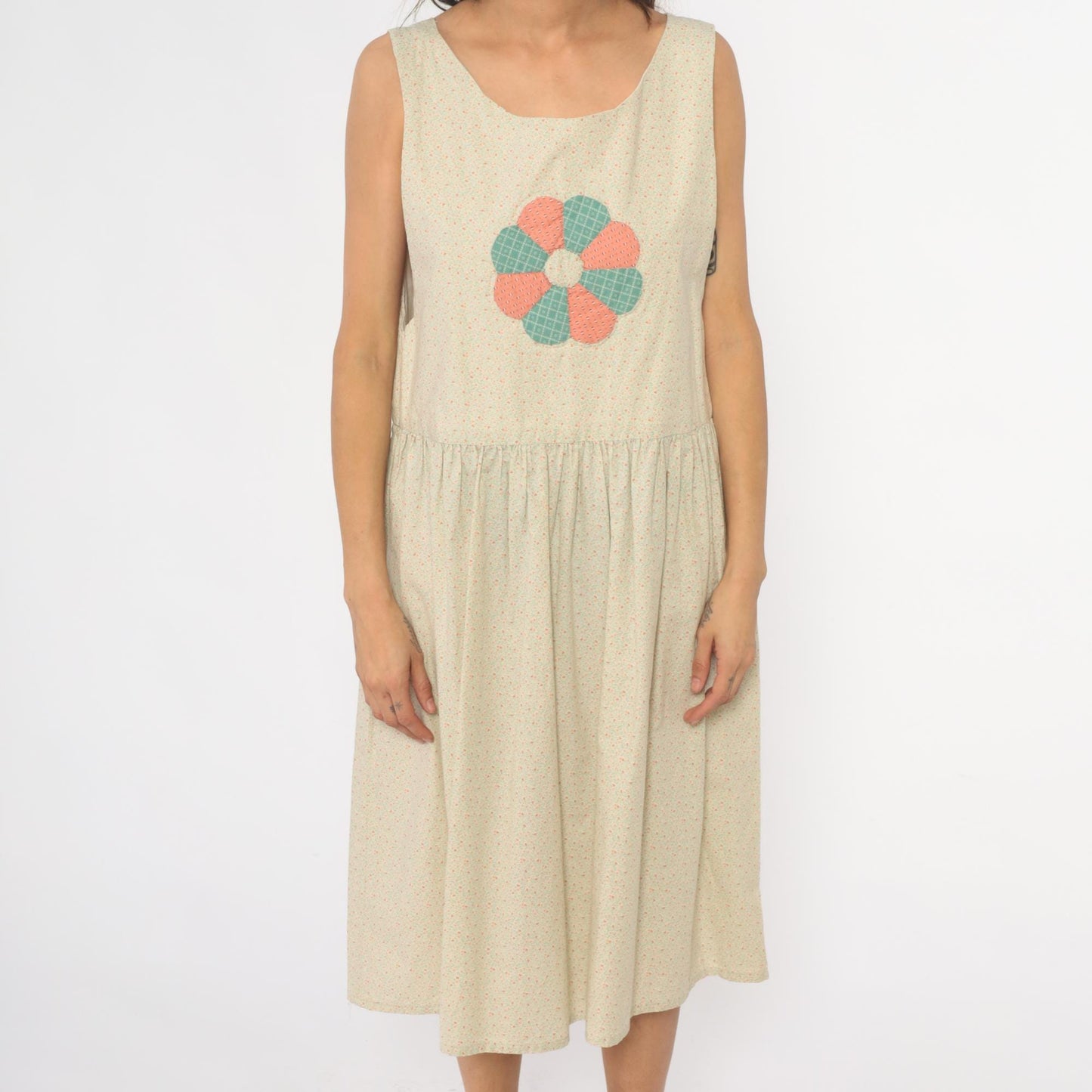 90s Cream Floral Appliqué Drop Waist Midi Dress Gathered Skirt Medium