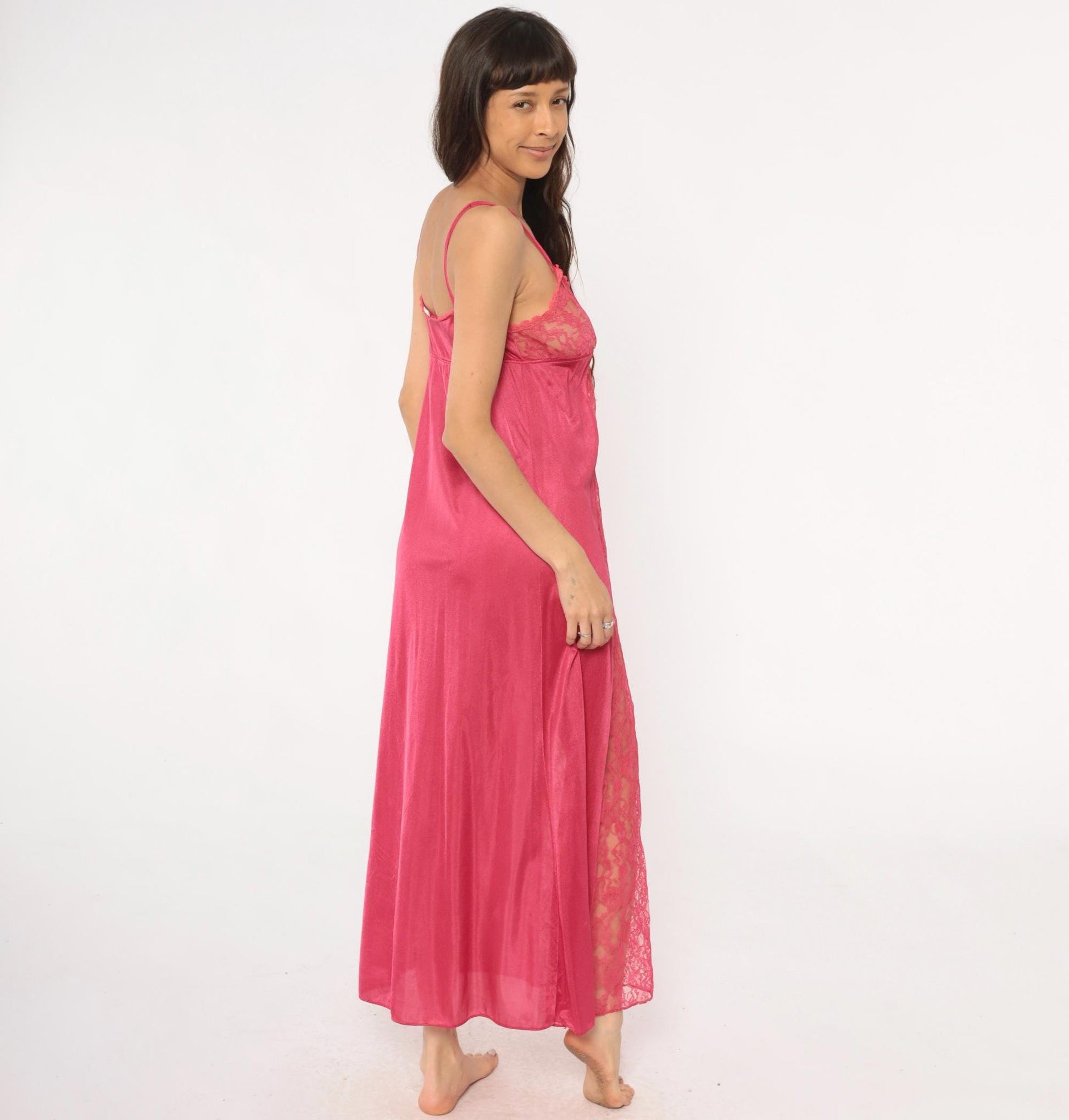 80s Rose Pink Lace Maxi Nightgown V-Neck Spaghetti Strap Medium