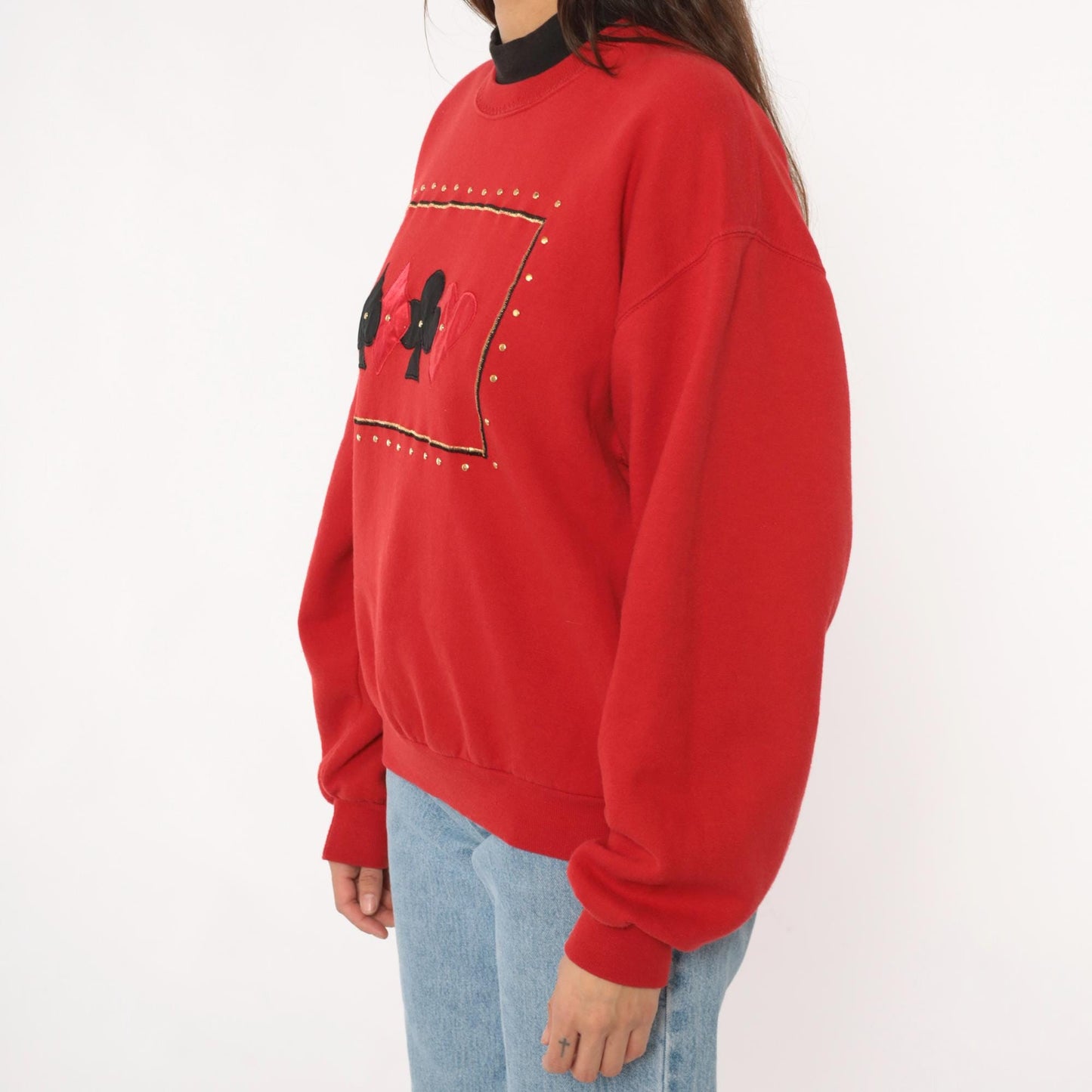 90s Jerzees Playing Card Sweatshirt Red Studded Casino Graphic Crewneck Large L