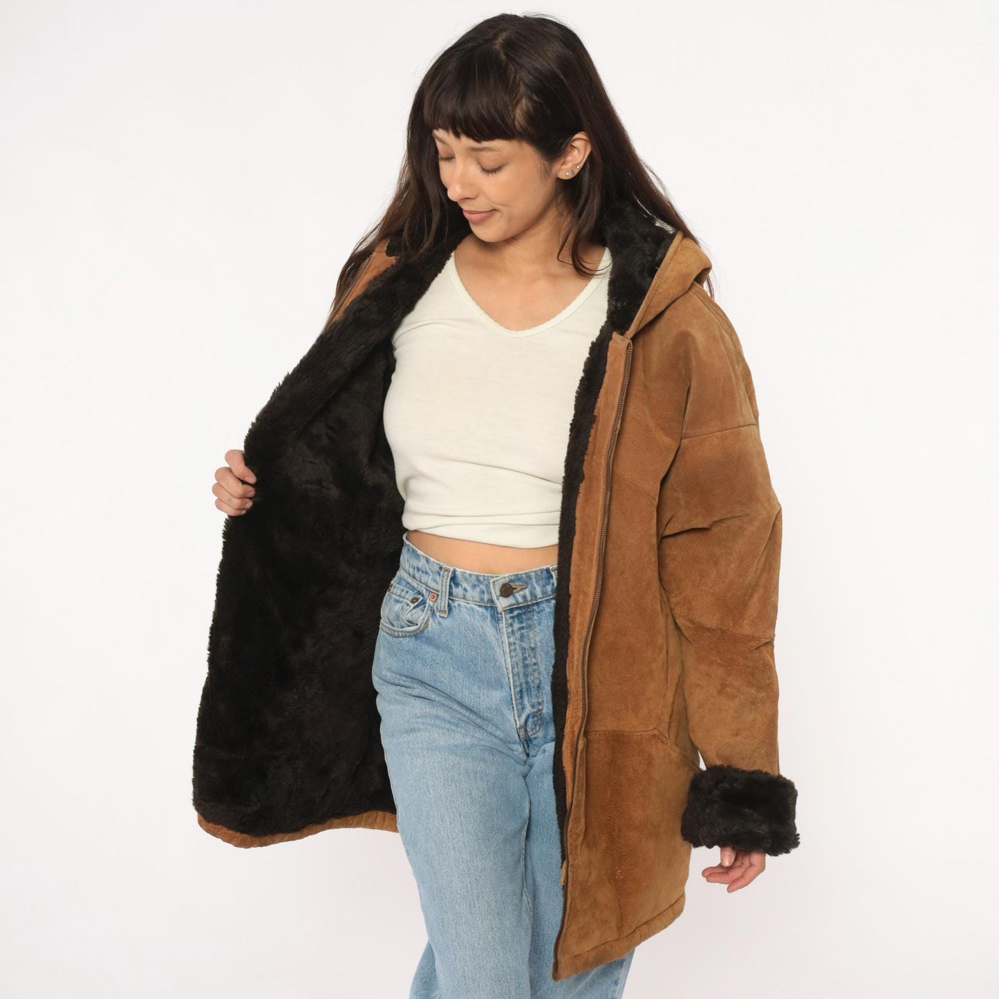 90s Tan Leather Hooded Jacket Faux Fur Lining Black Trim Large L
