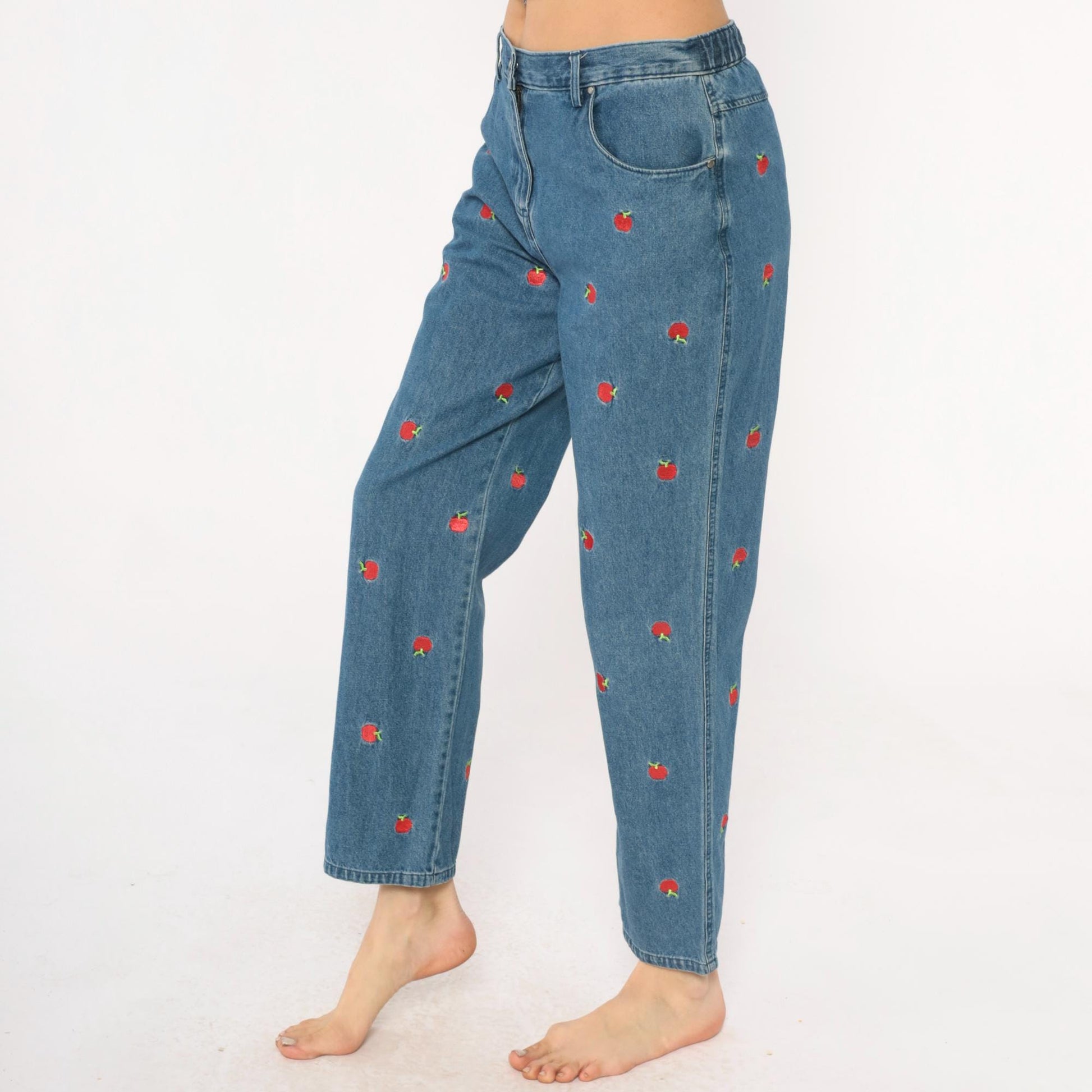 90s Breckenridge Petite Apple Embroidered Jeans Cropped High Waist Blue Small