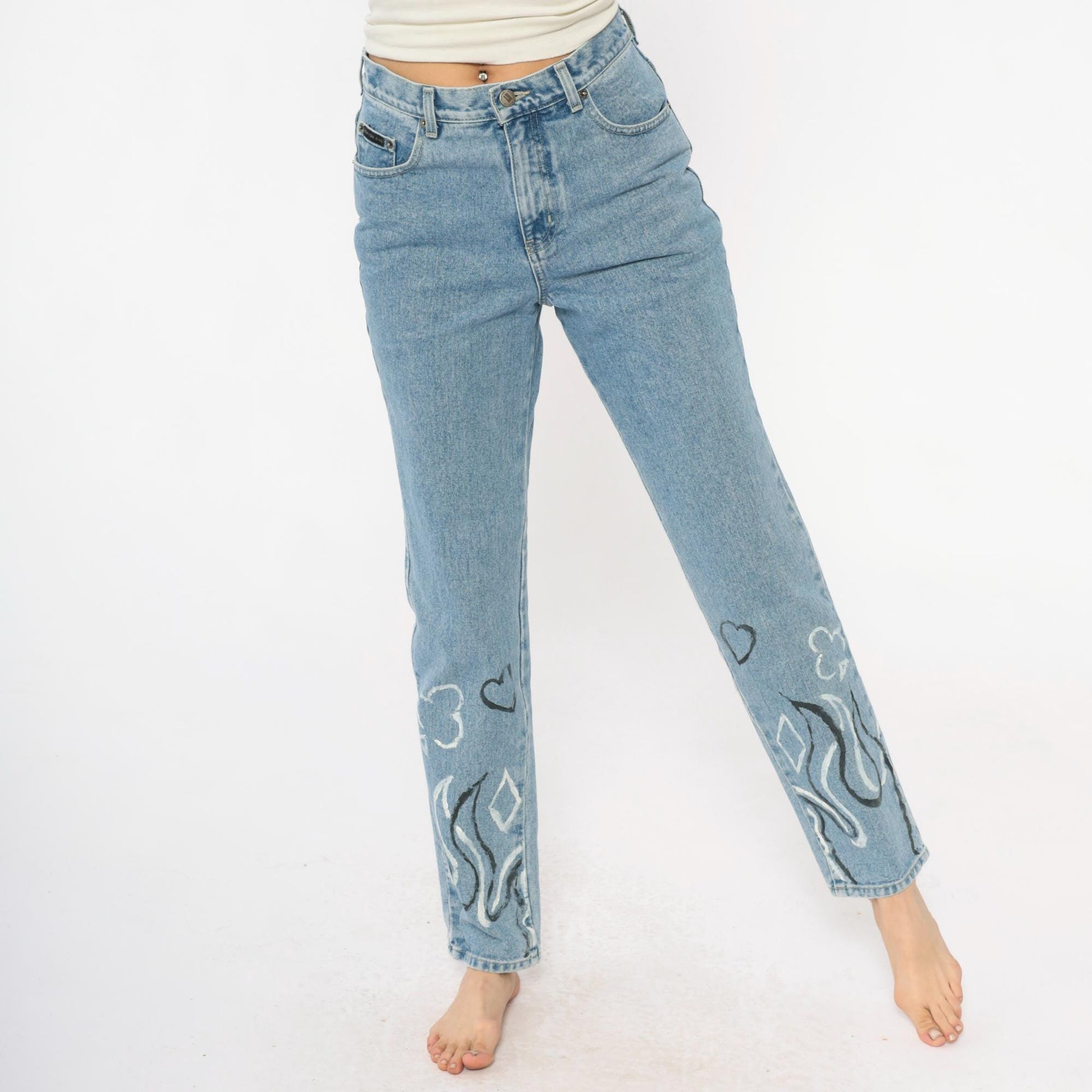 Y2K Light Wash Flame Painted Jeans High Waisted Straight Leg Size 6
