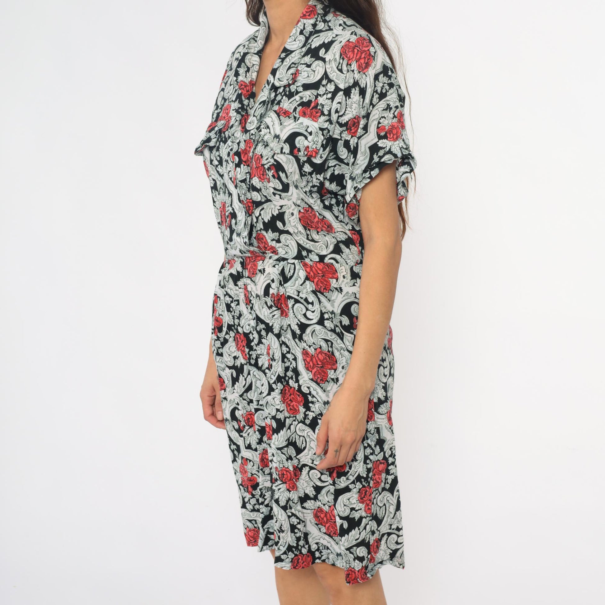 90s Floral Rayon Romper Black Red Rose Baroque Scrollwork Wide Leg Medium M