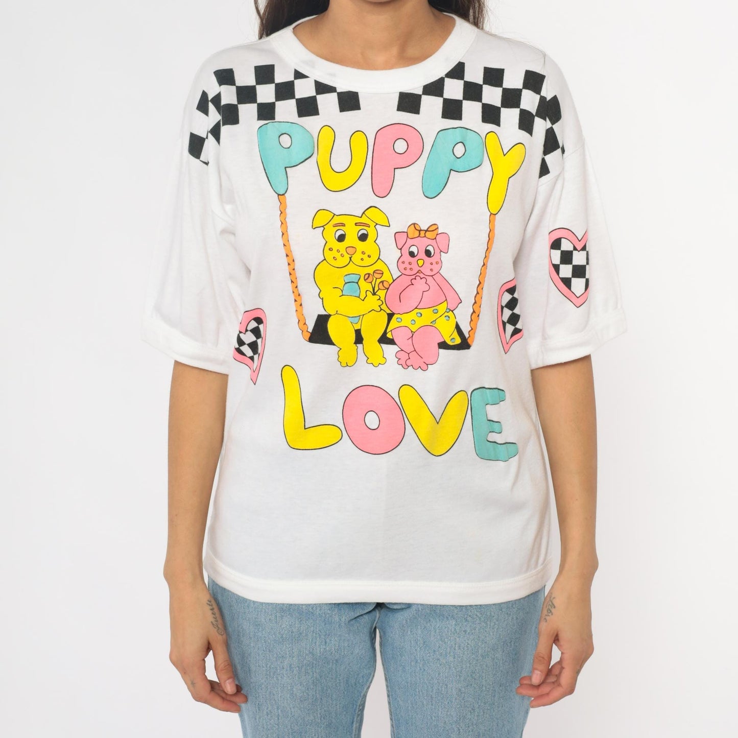 90s Puppy Love Graphic T-Shirt White Checkered Hearts Dogs Medium M
