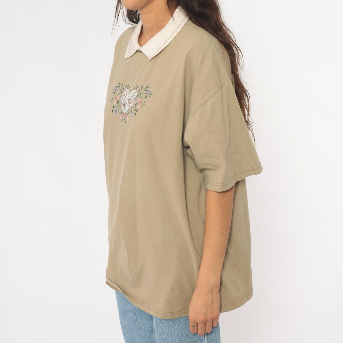 90s Embroidered Floral Heart Polo Shirt Tan Cotton Peter Pan Collar Extra Large