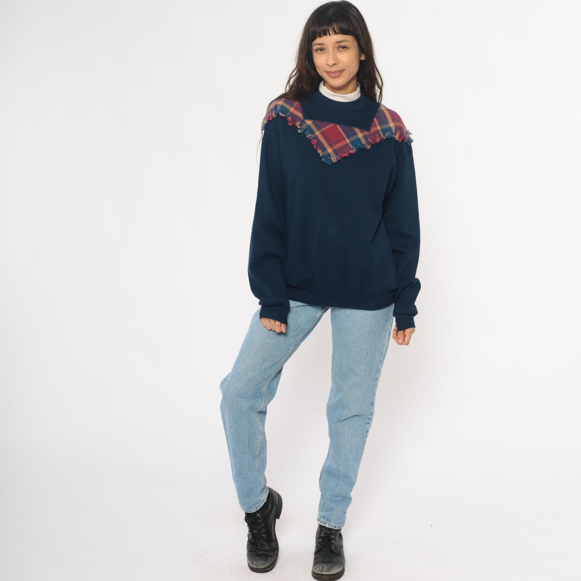 90s Jerzees Navy Plaid Yoke Sweatshirt Burgundy Teal Frayed Crewneck Extra Large XXL