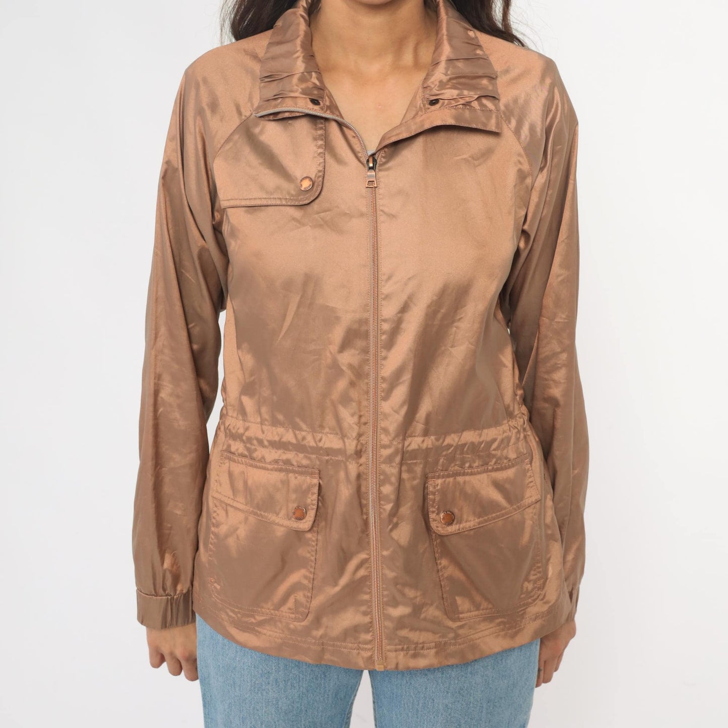 Y2K Tan Utility Jacket Snap Collar Cargo Pockets Zip Windbreaker Medium M