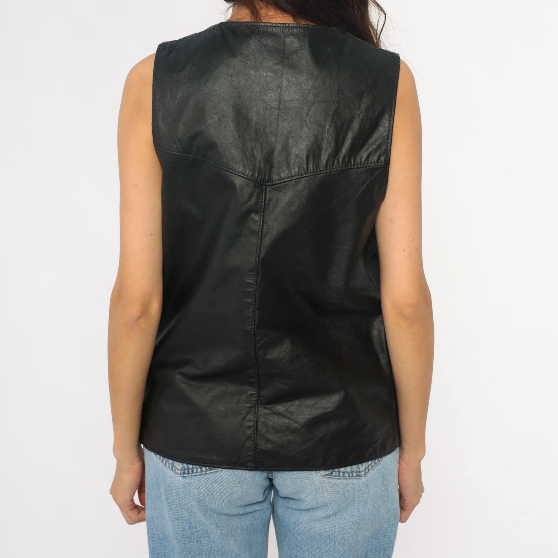 90s Black Leather Vest Notched Collar Button Front Menswear Extra Large XL
