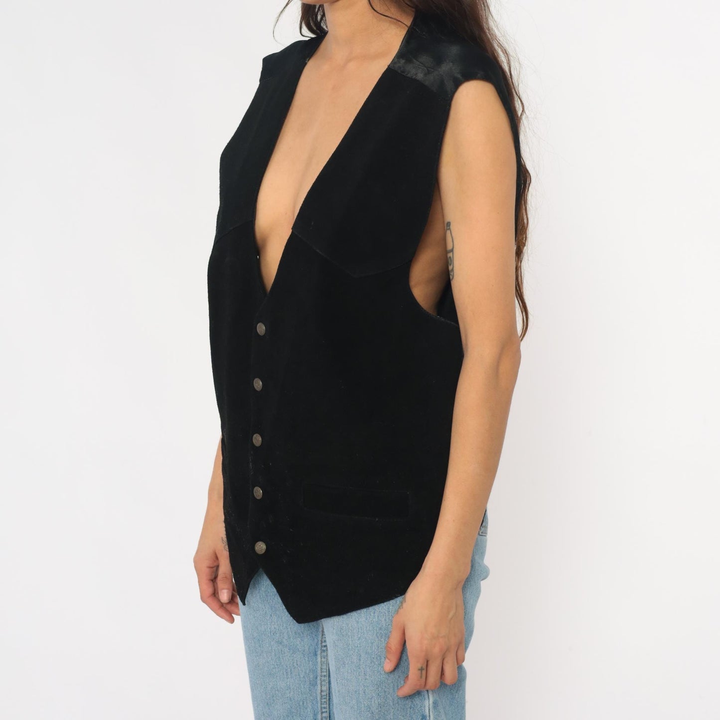 90s Black Suede Leather Vest Tie Back V-Neck Waistcoat Men's Extra Large XL