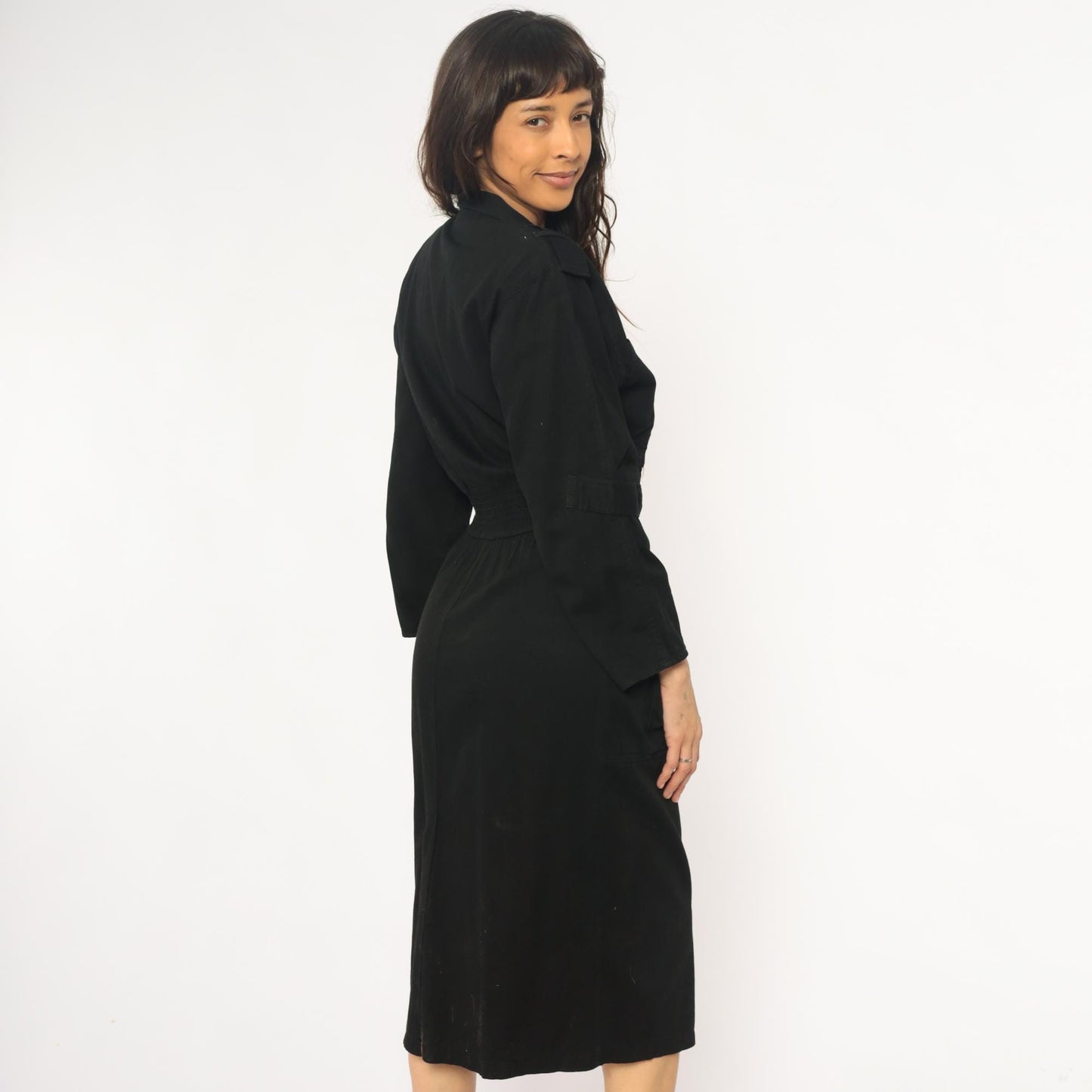 90s D Franke Black Trench Coat Dress Belted Midi Notched Collar Medium