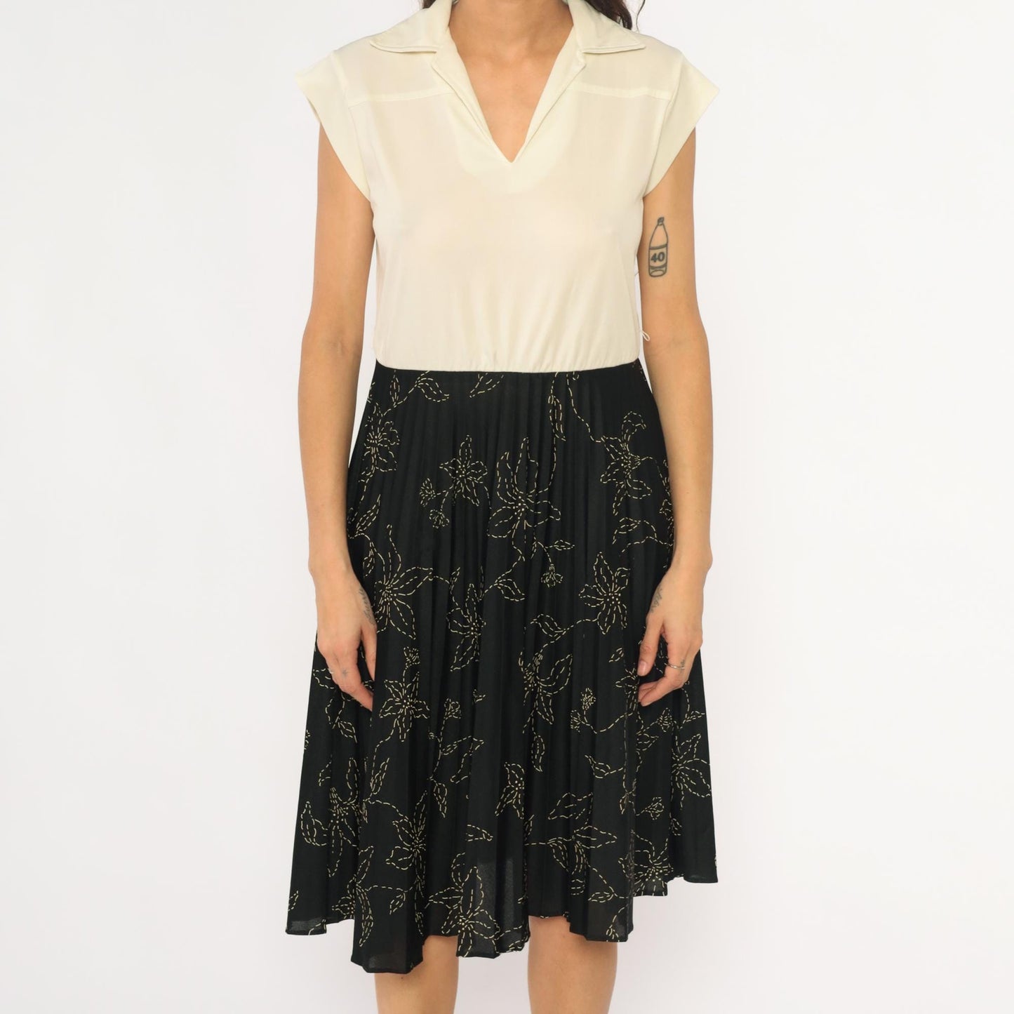 80s Polo Collar Dress Cream Black Floral Colorblock Medium