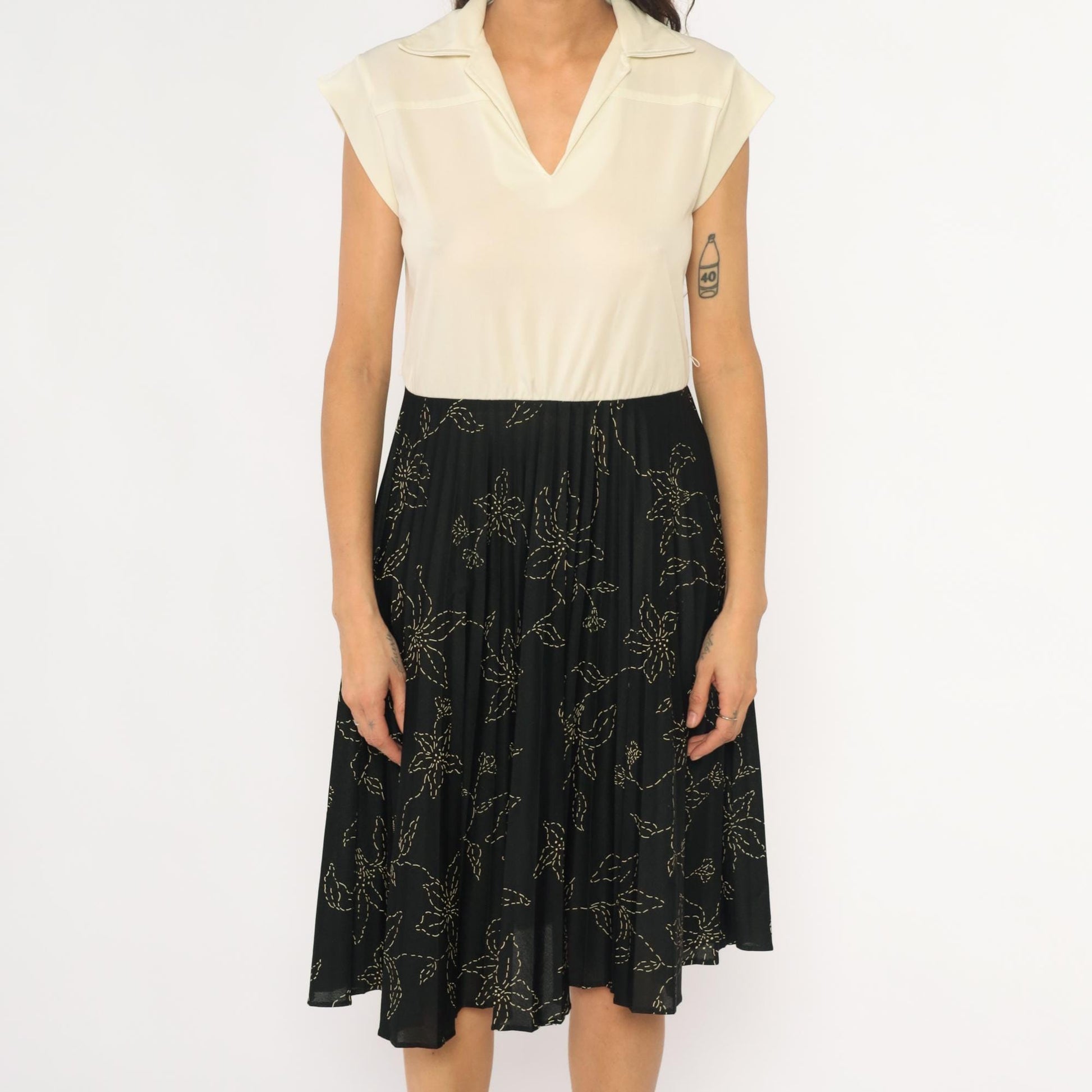 80s Polo Collar Dress Cream Black Floral Colorblock Medium