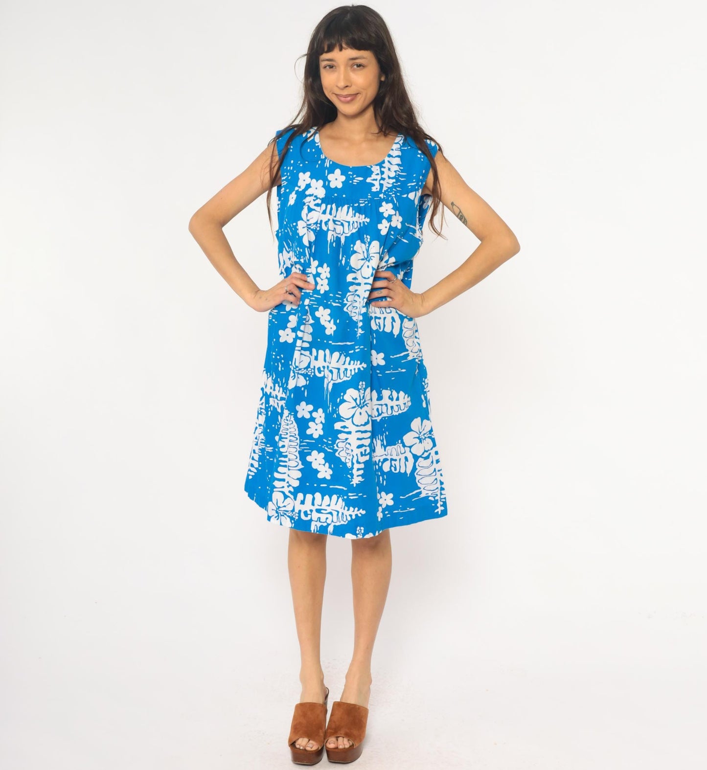 90s Hawaiian Tropical Floral Empire Waist Dress Blue Cotton Knee Length Medium