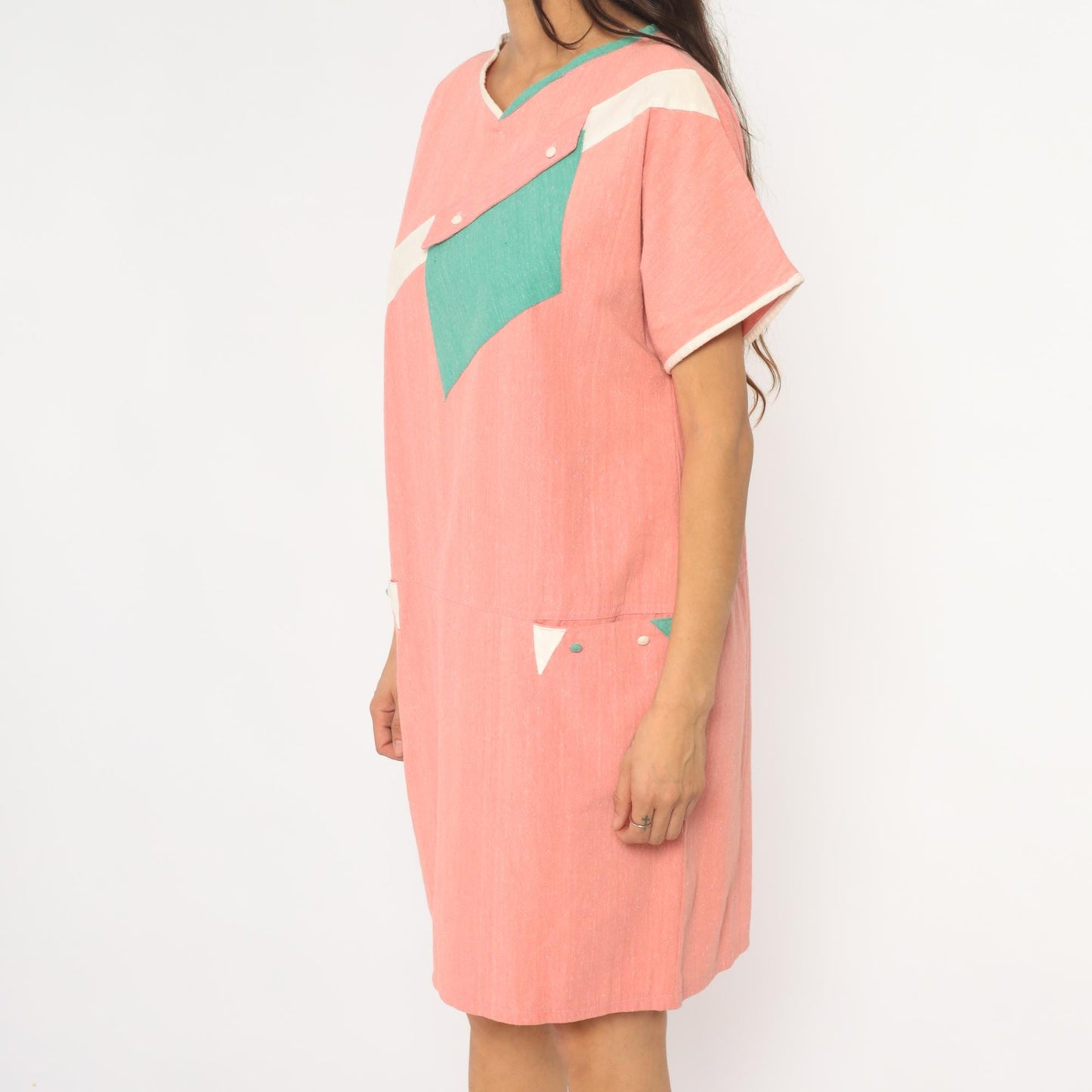 90s Colorblock Shift Dress Coral Pink Teal Geometric Pockets Knee Length Large L