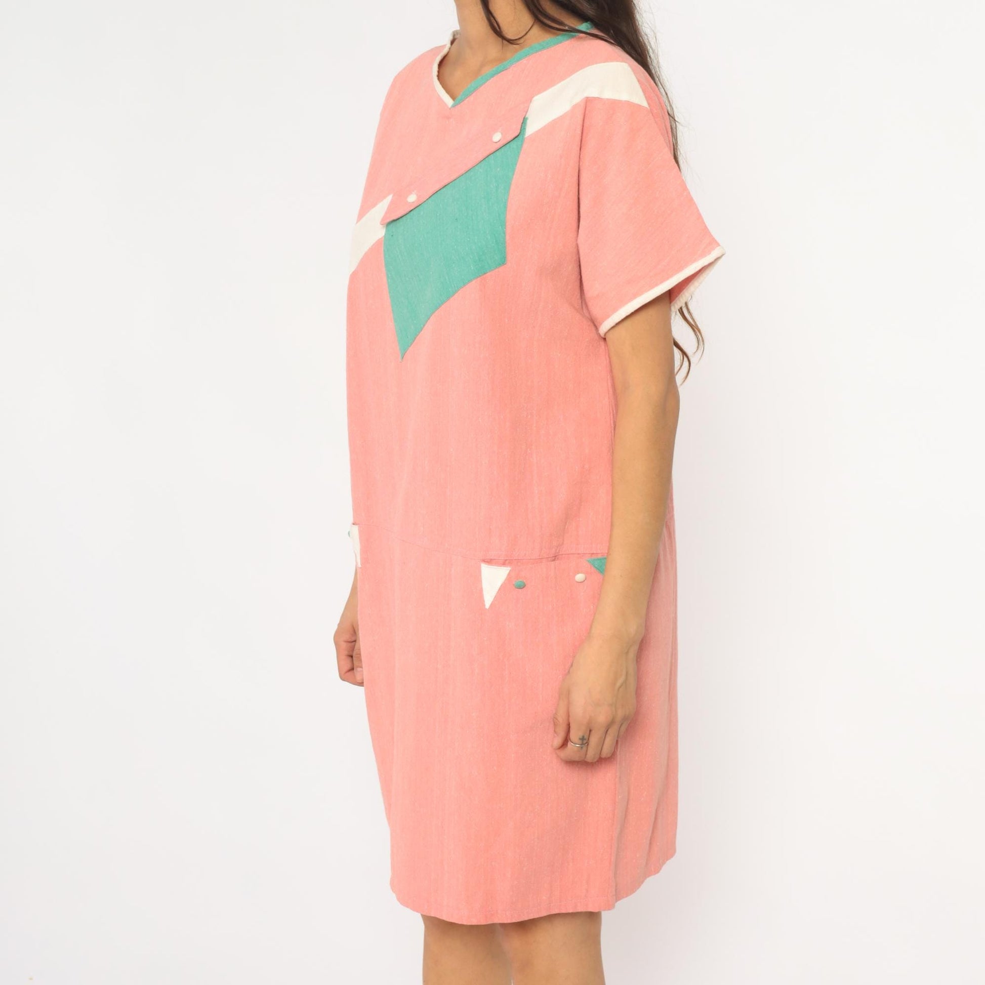 90s Colorblock Shift Dress Coral Pink Teal Geometric Pockets Knee Length Large L