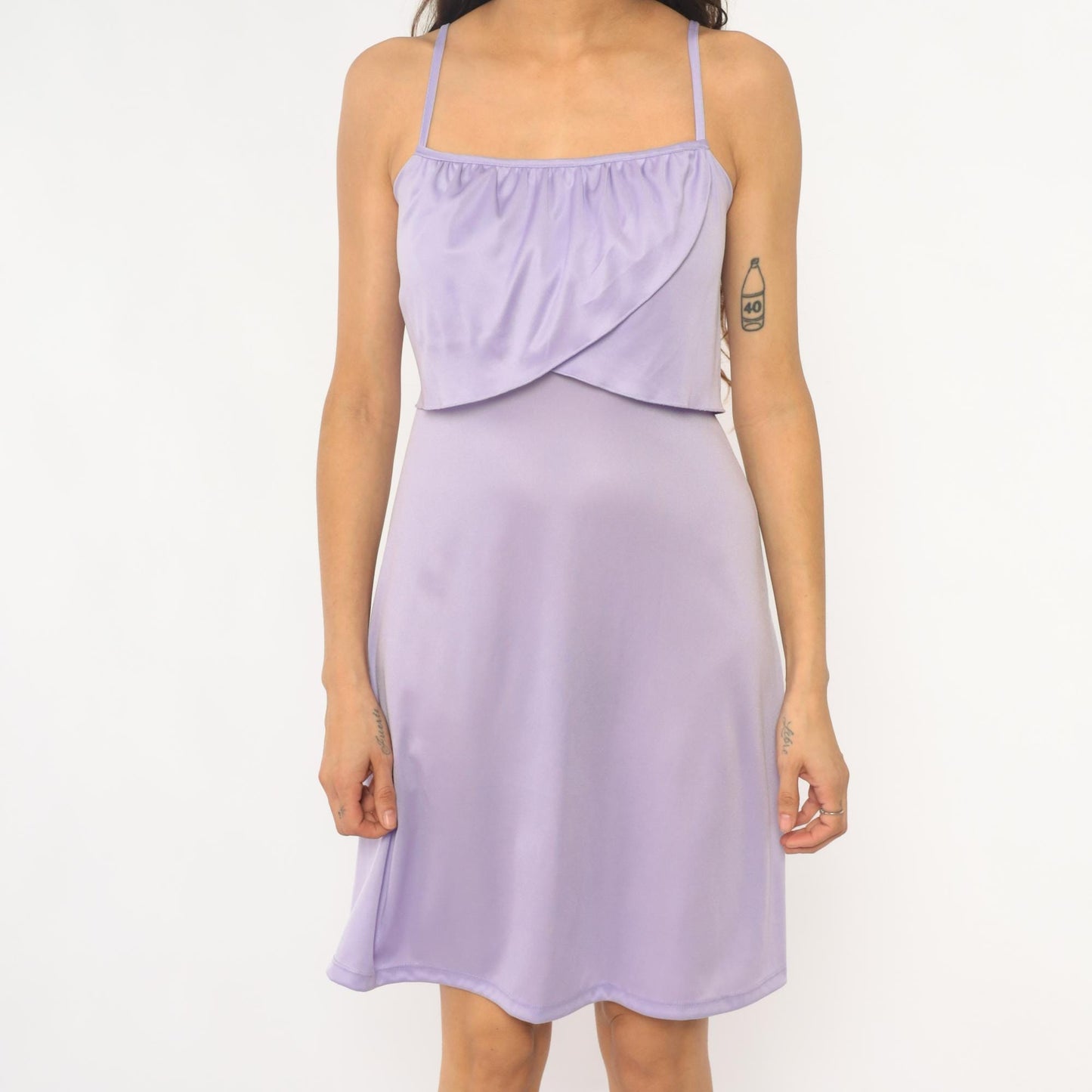 70s Lavender Spaghetti Strap Slip Dress Gathered Bodice Knee Length Extra Small XS