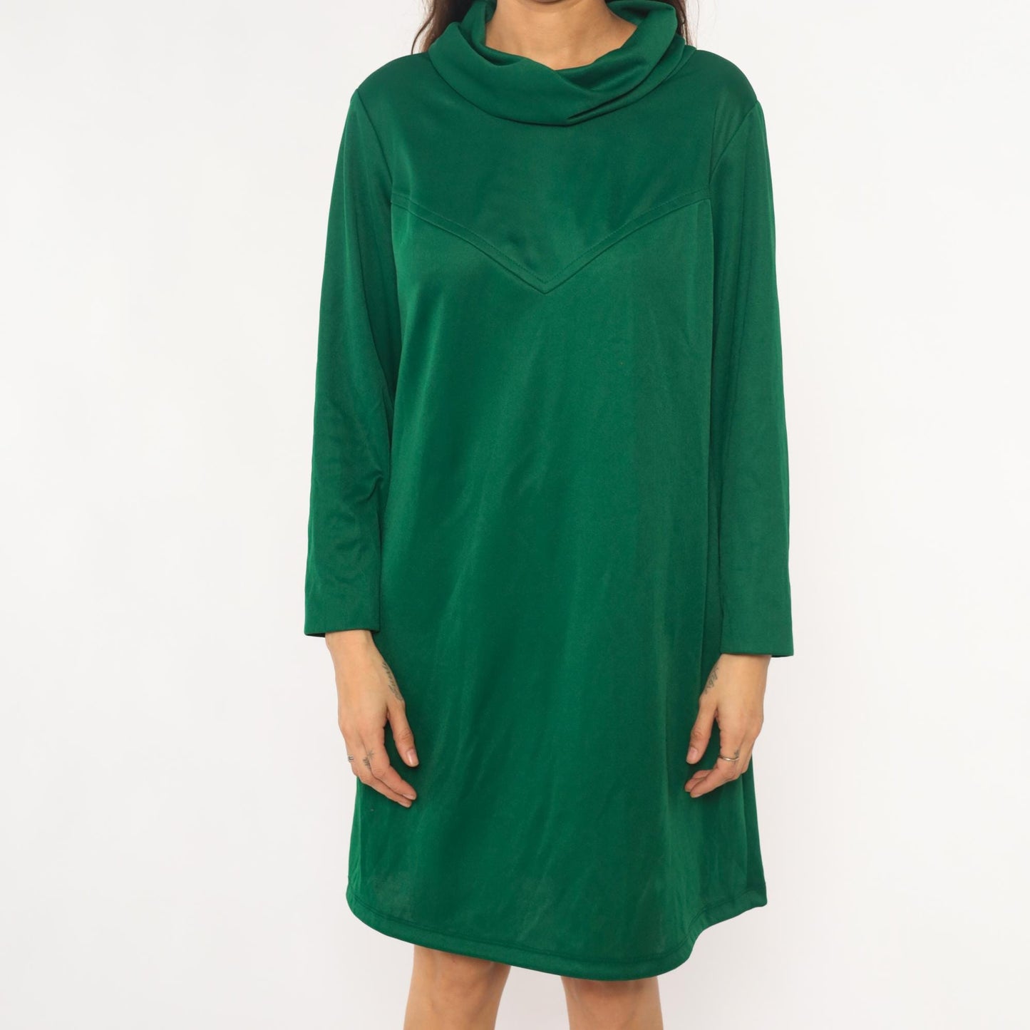 70s Sears Green Velvet Cowl Neck Dress Chevron Knee-Length Extra Large