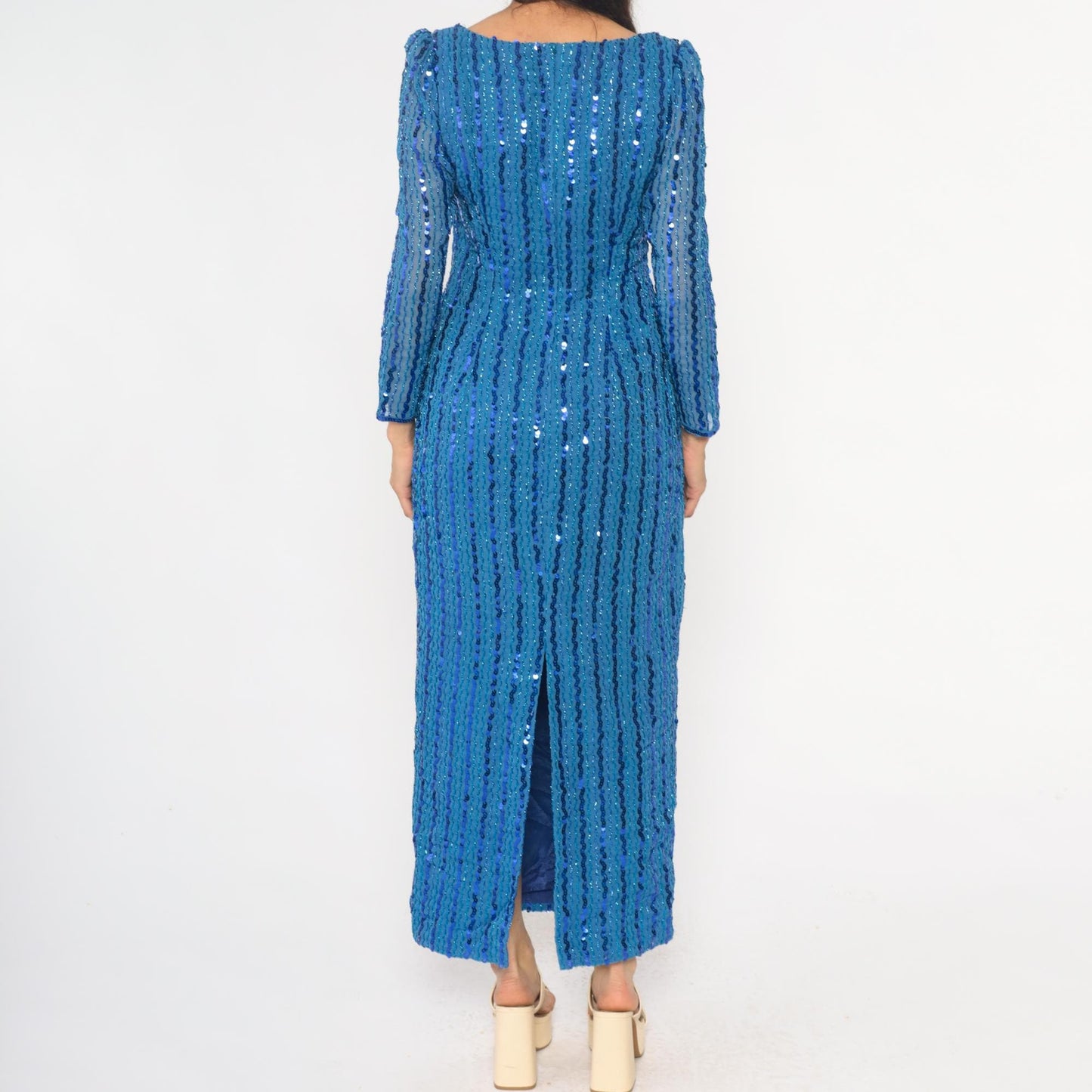 80s Blue Sequin Maxi Dress Long Sleeve V-Neck Silver Motif Small Medium