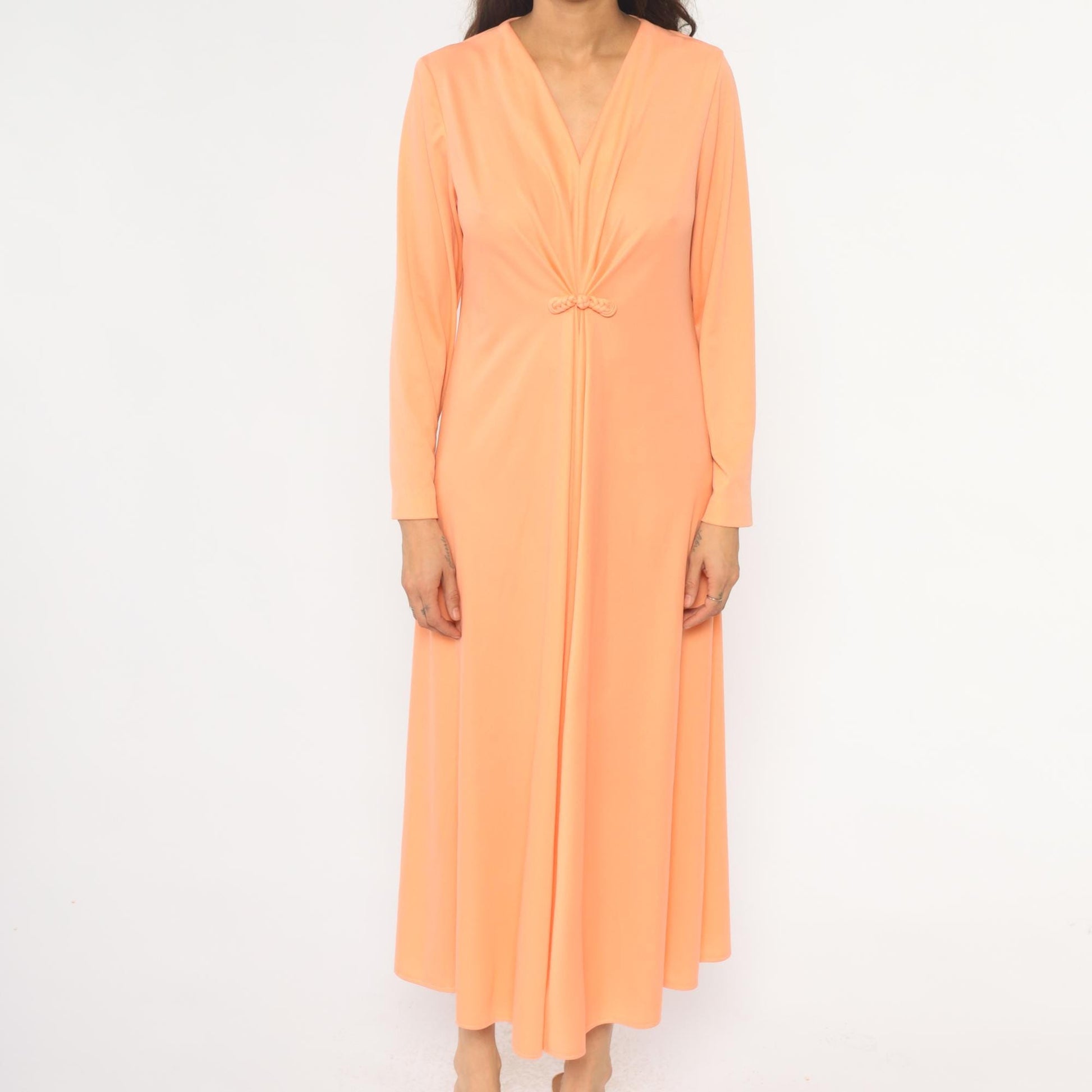 70s Lily Lynn Peach Maxi Dress Long Sleeve V-Neck Wrap Bodice Medium