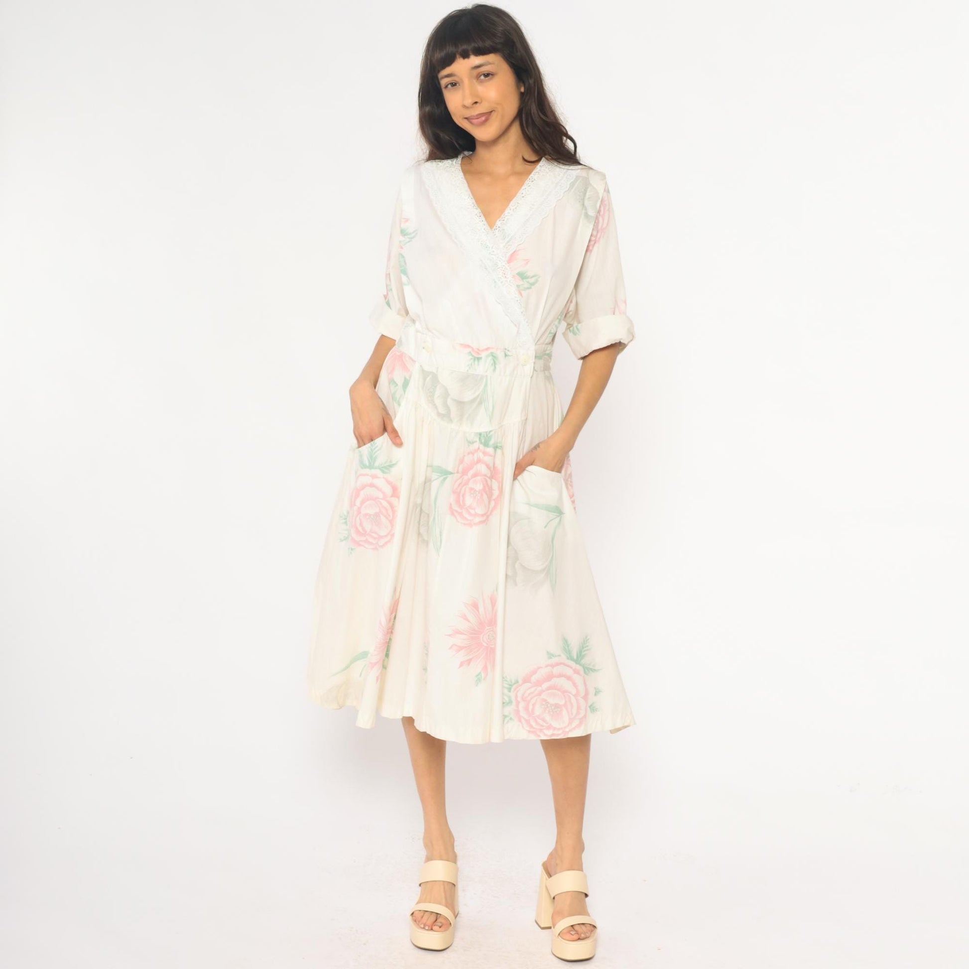 80s Floral Midi Dress Cream Pink Rose Print Cotton Eyelet Lace Medium
