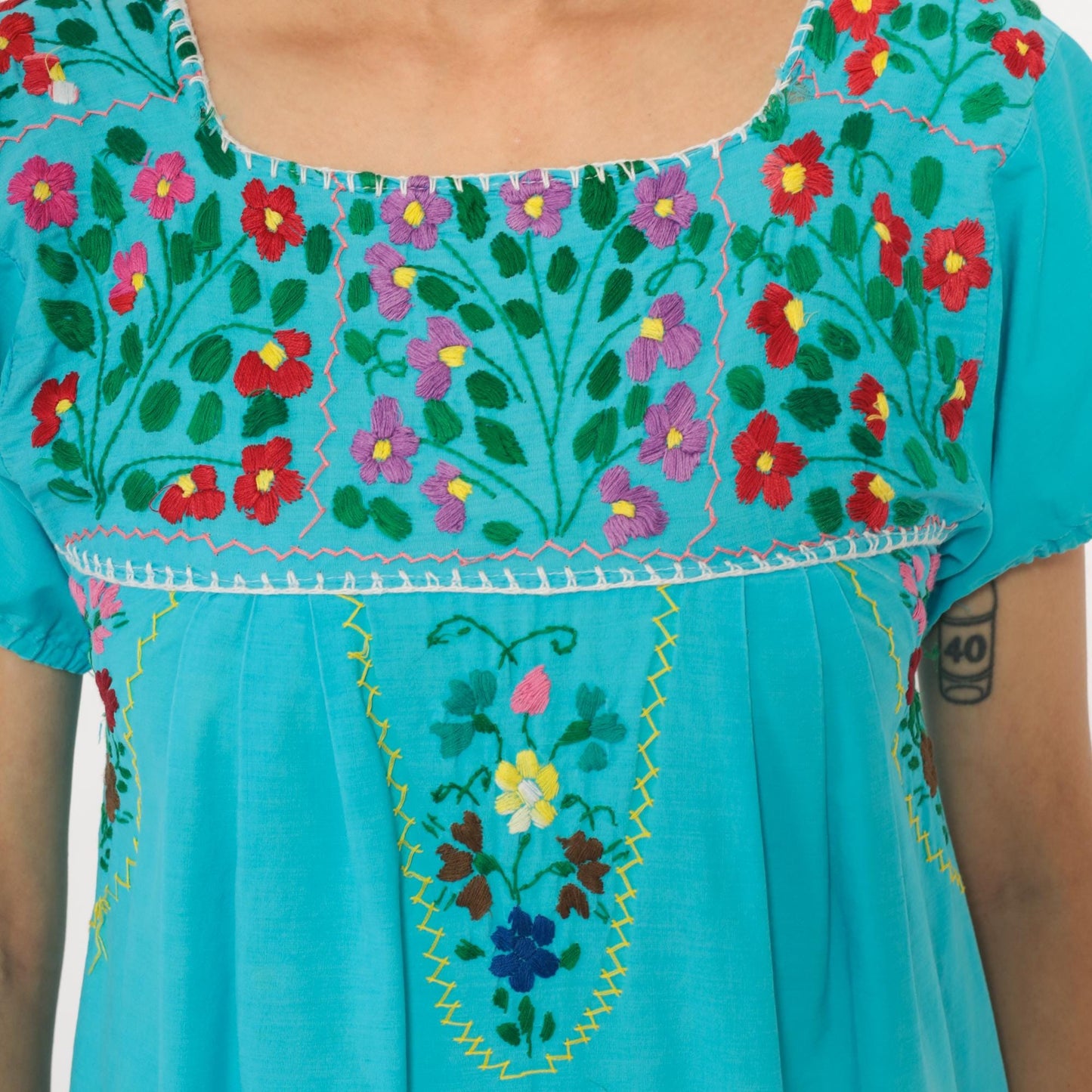 80s Mexican Embroidered Turquoise Cotton Dress Floral Empire Waist Extra Small XS