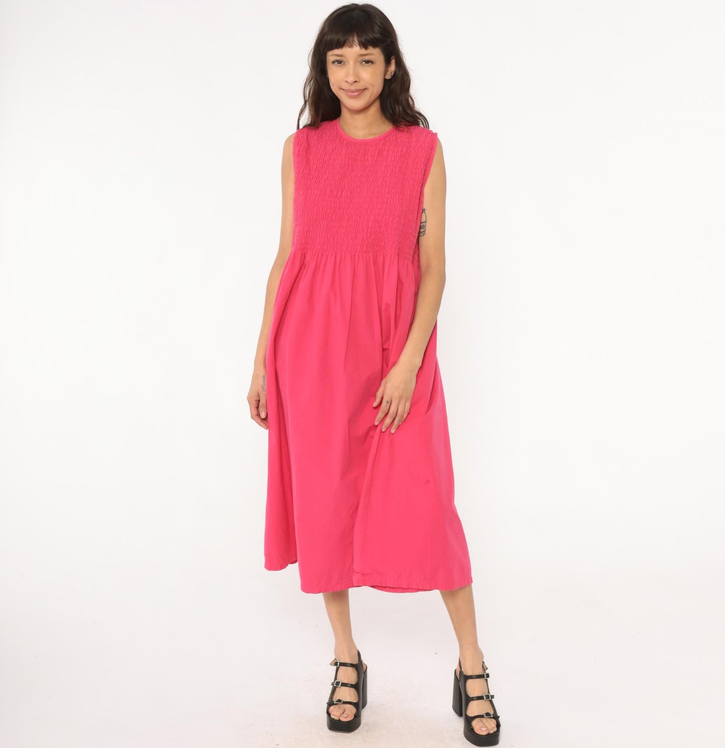 Y2K Coral Pink Maxi Dress Smocked Bodice Cotton Sleeveless Large