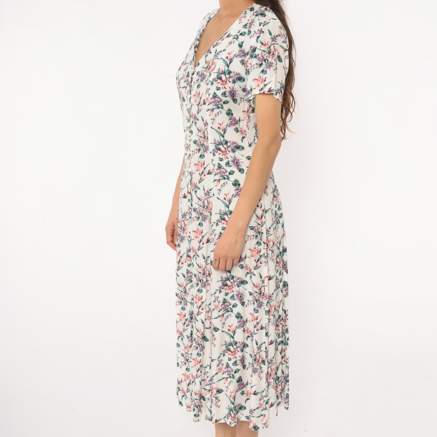 90s Floral Midi Dress Cream Rayon V-Neck Short Sleeve Front Slit Small
