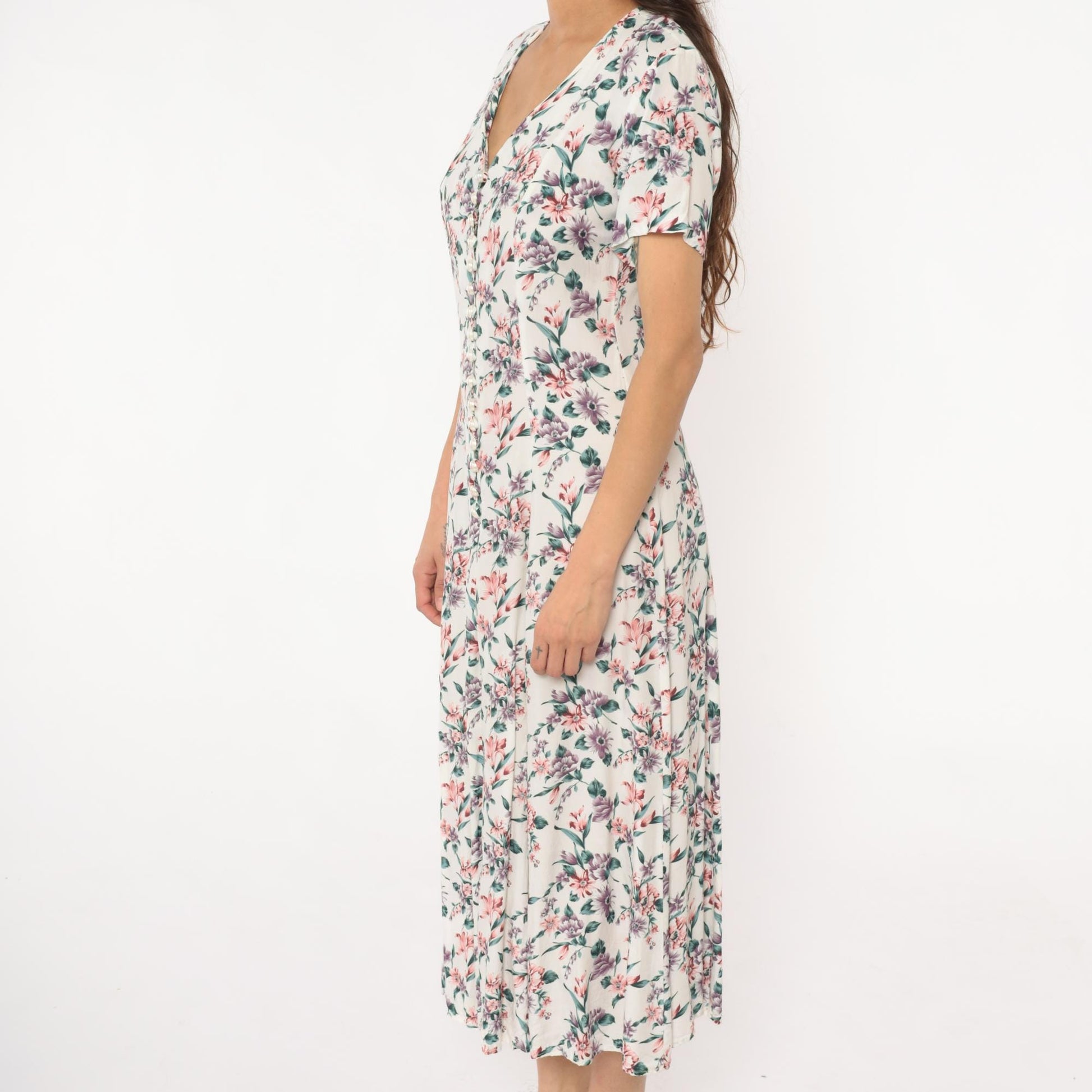 90s Floral Midi Dress Cream Rayon V-Neck Short Sleeve Front Slit Small
