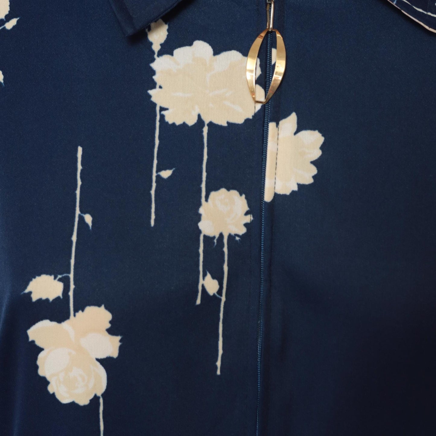 70s Lorac Floral Shirt Dress Dark Blue Cream Pointed Collar Knee Length Medium