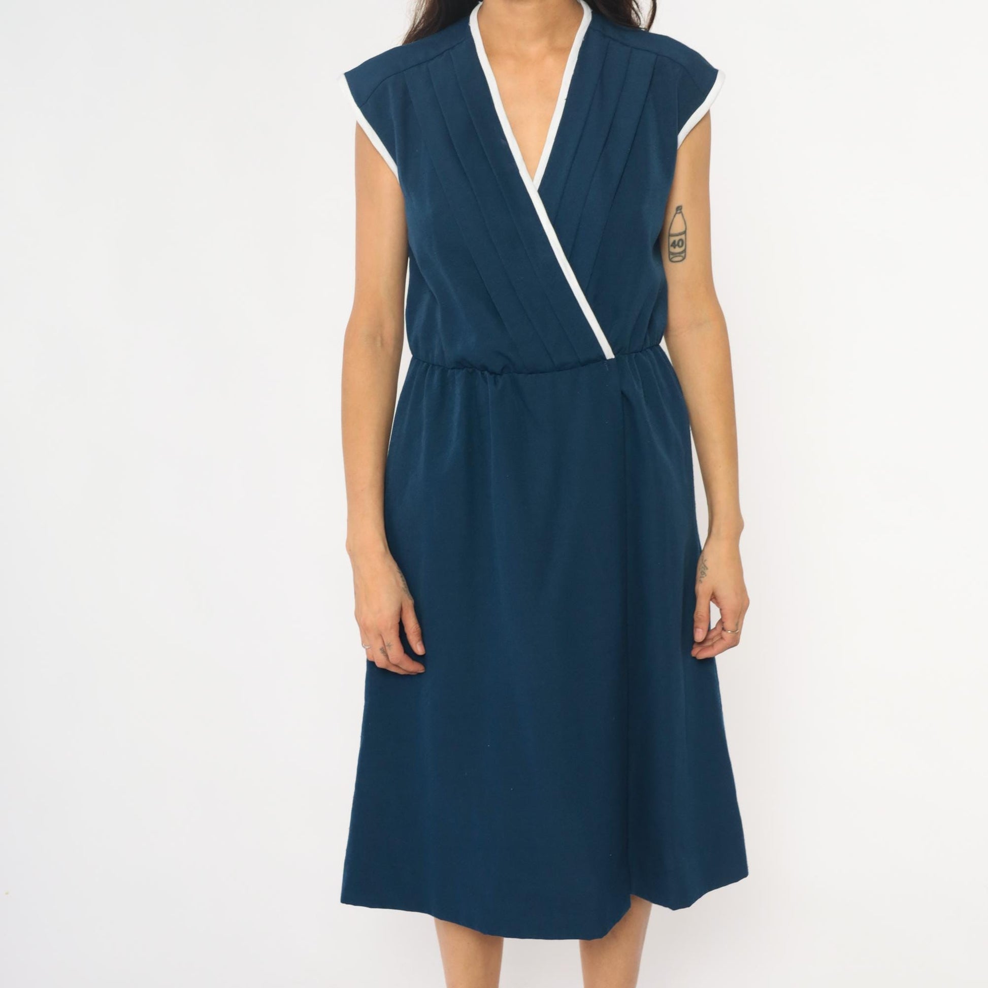 80s Toni Todd Navy Wrap Dress White Trim Cap Sleeve Midi Small Medium