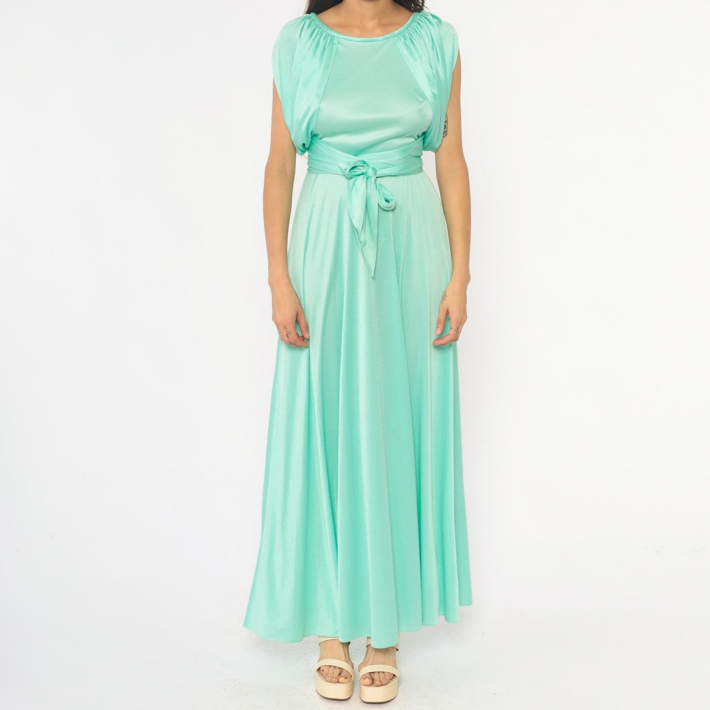 70s Mint Green Maxi Dress Ruched Neckline Tie Belt Sleeveless Small