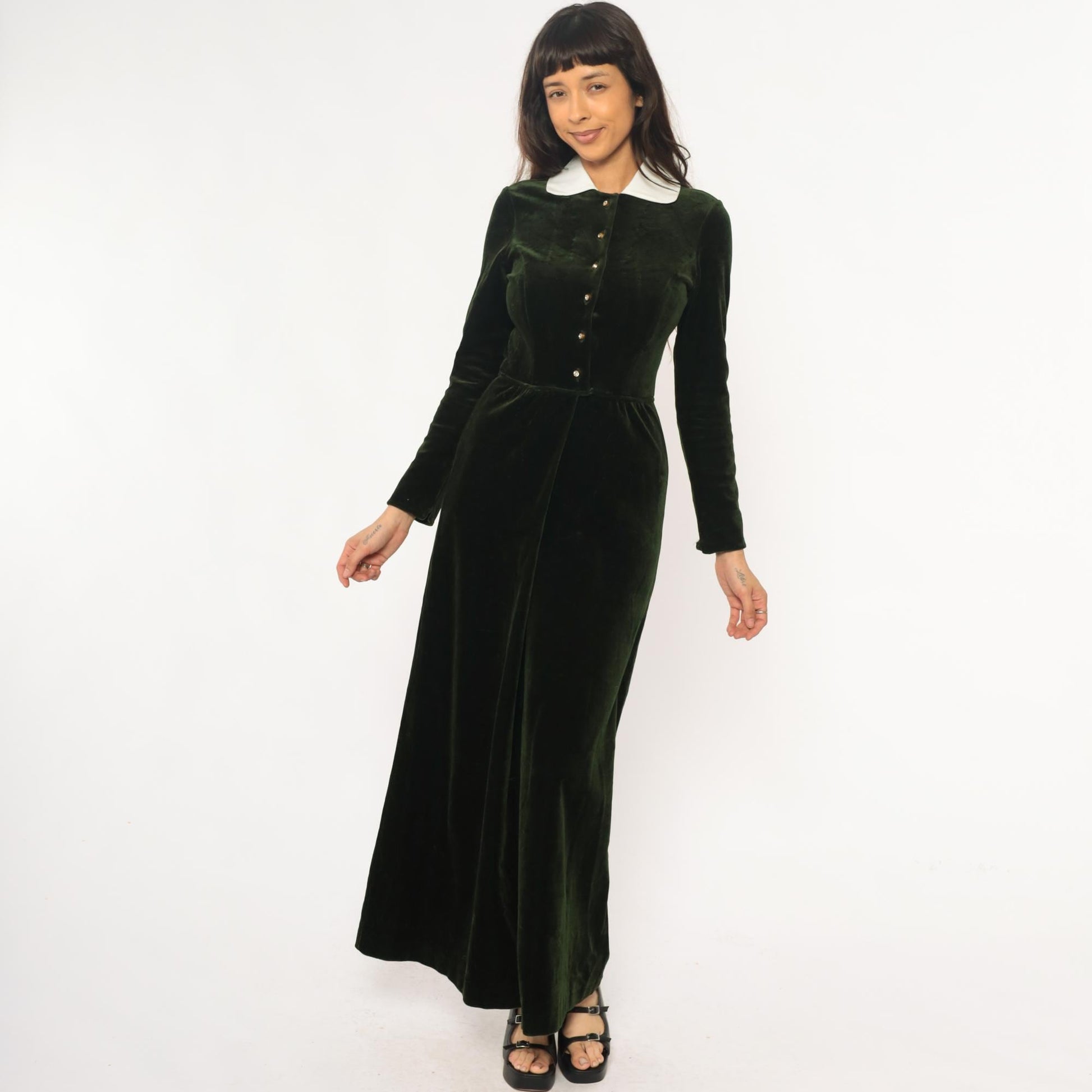 70s Dark Emerald Velvet Maxi Dress White Collar Long Sleeve Extra Small