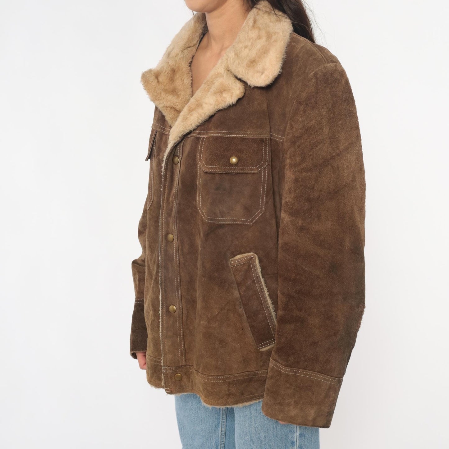 70s JC Penney Brown Suede Sherpa Jacket Western Rancher Coat Extra Large XL