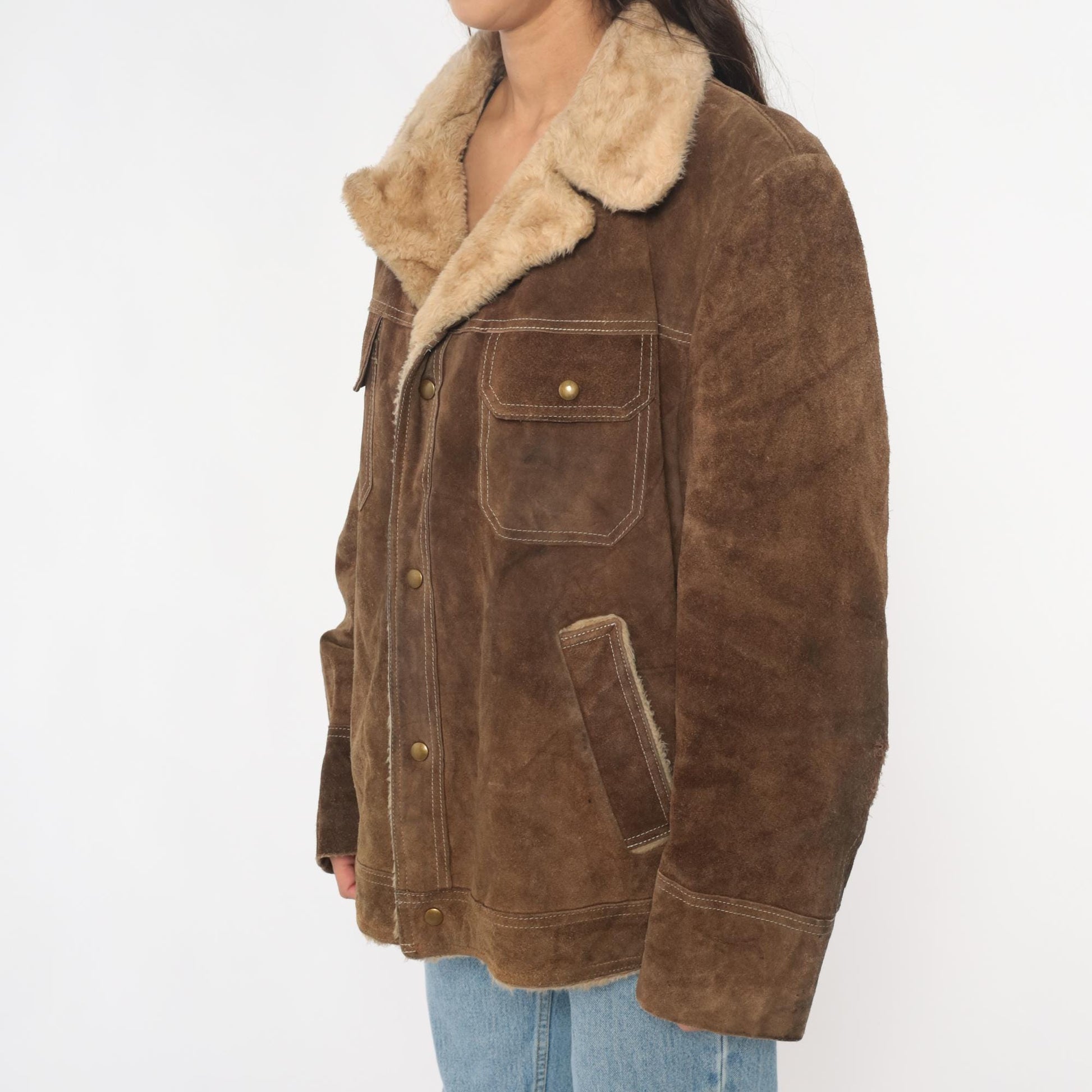70s JC Penney Brown Suede Sherpa Jacket Western Rancher Coat Extra Large XL