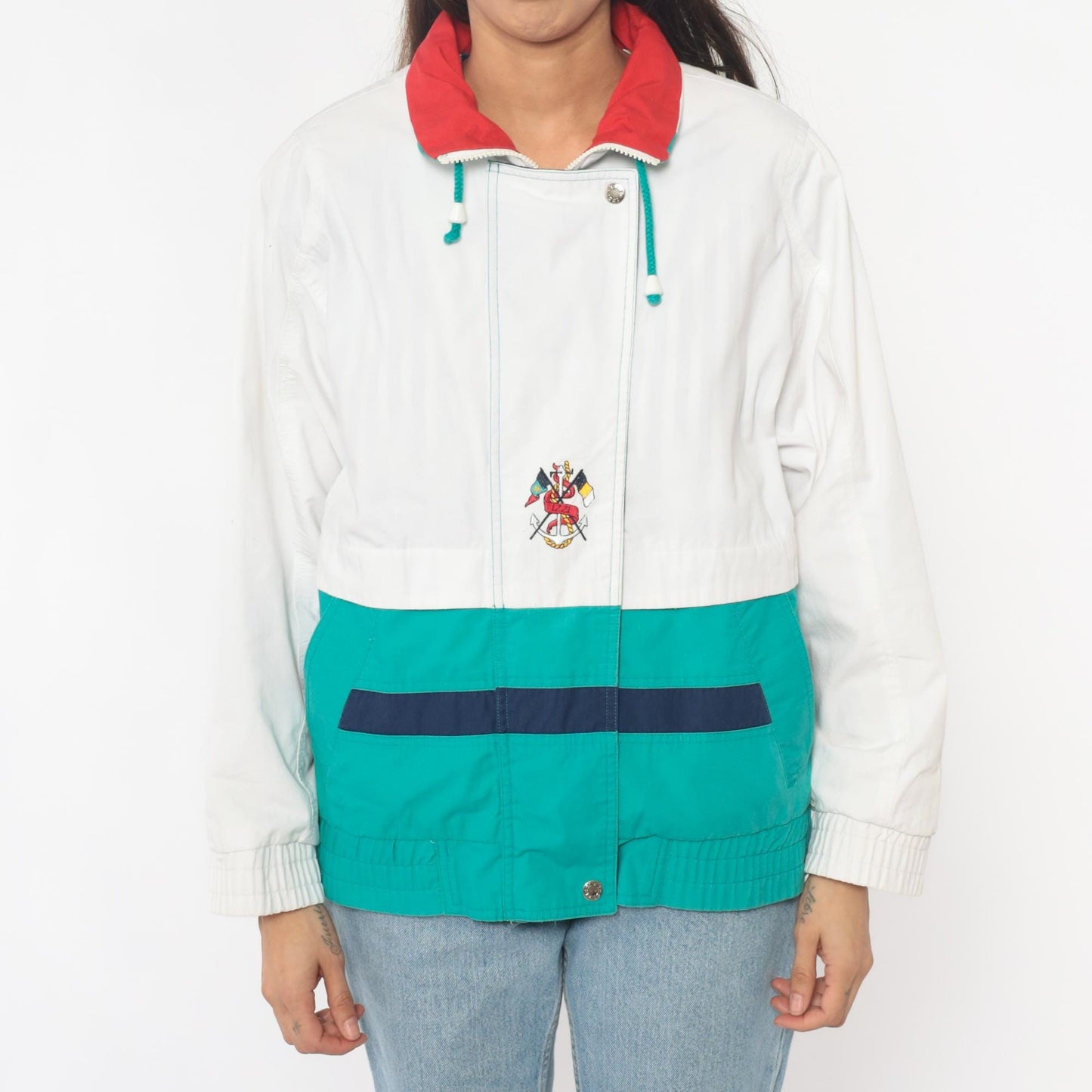 90s Izzi Spirit Colorblock Windbreaker White Teal Navy Small