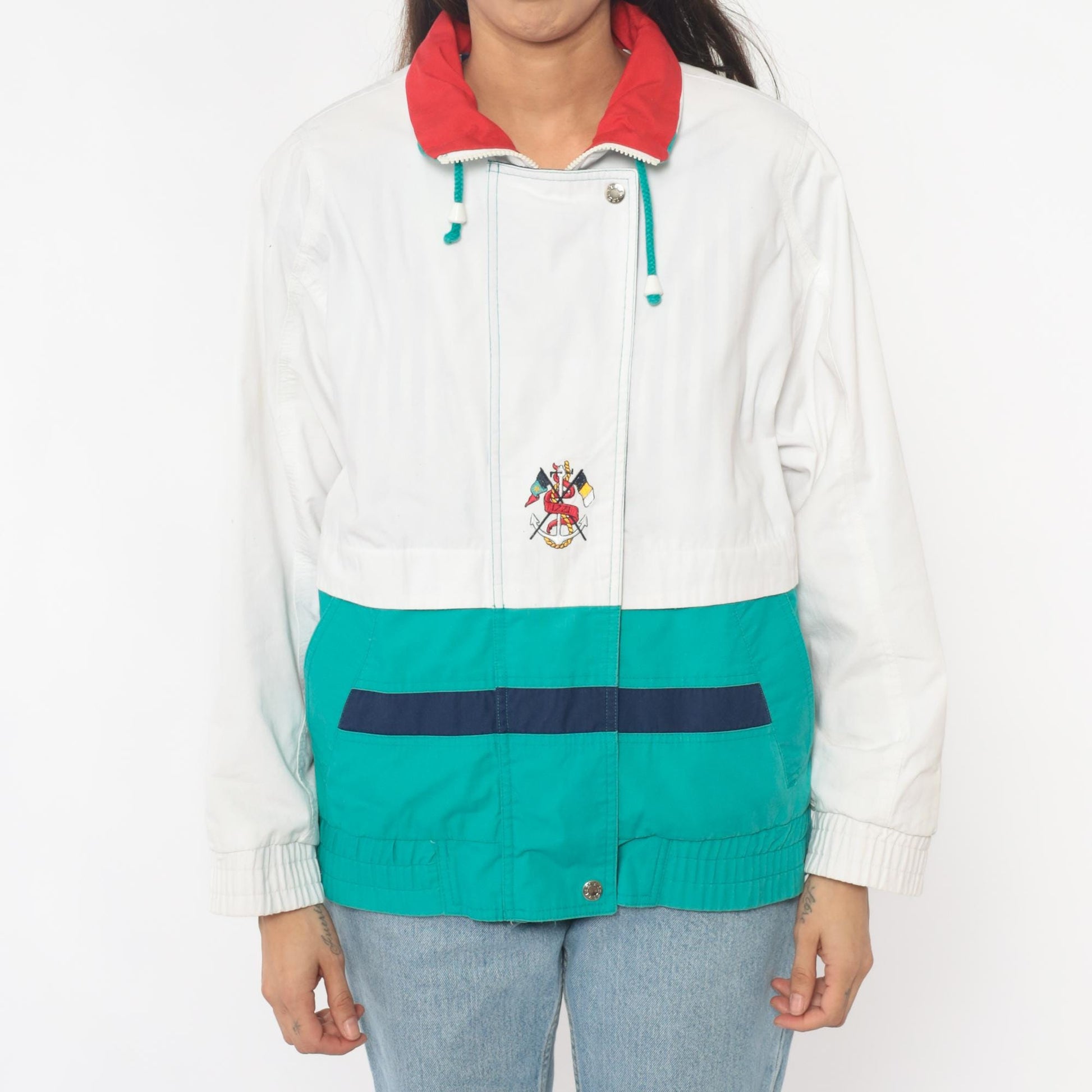 90s Izzi Spirit Colorblock Windbreaker White Teal Navy Small