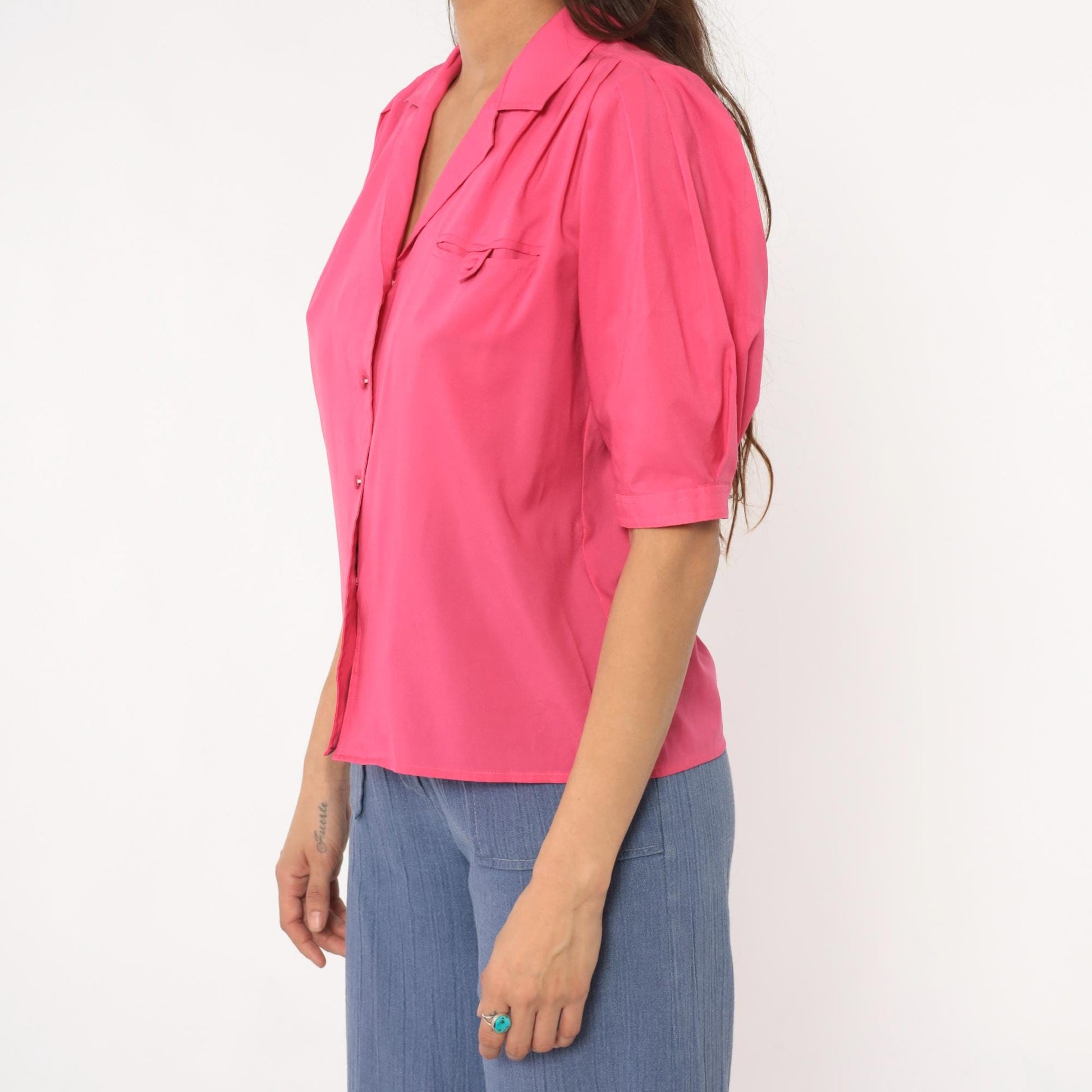 80s Hot Pink Josephine Blouse Puff Sleeve Button Front Power Dressing Medium
