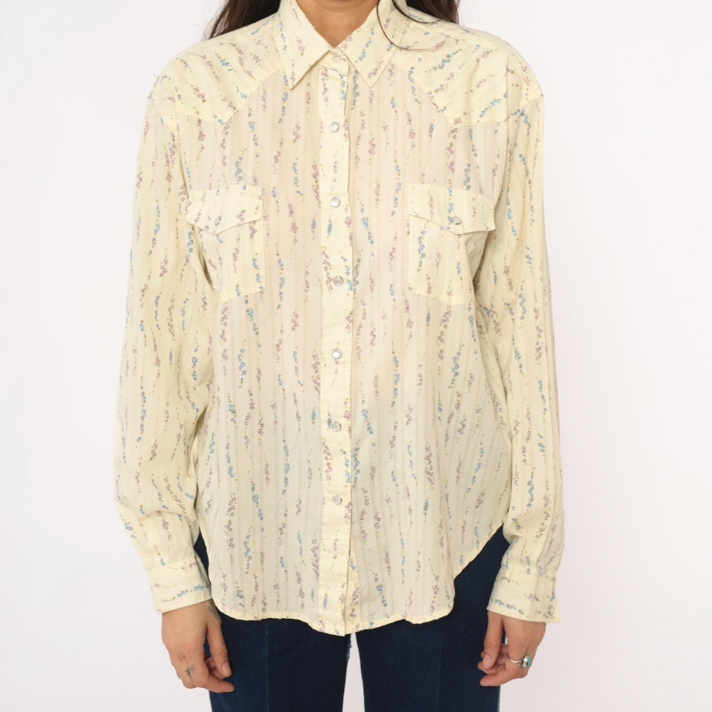 Y2K White Horse Western Shirt Pearl Snap Floral Stripe Cream Large L