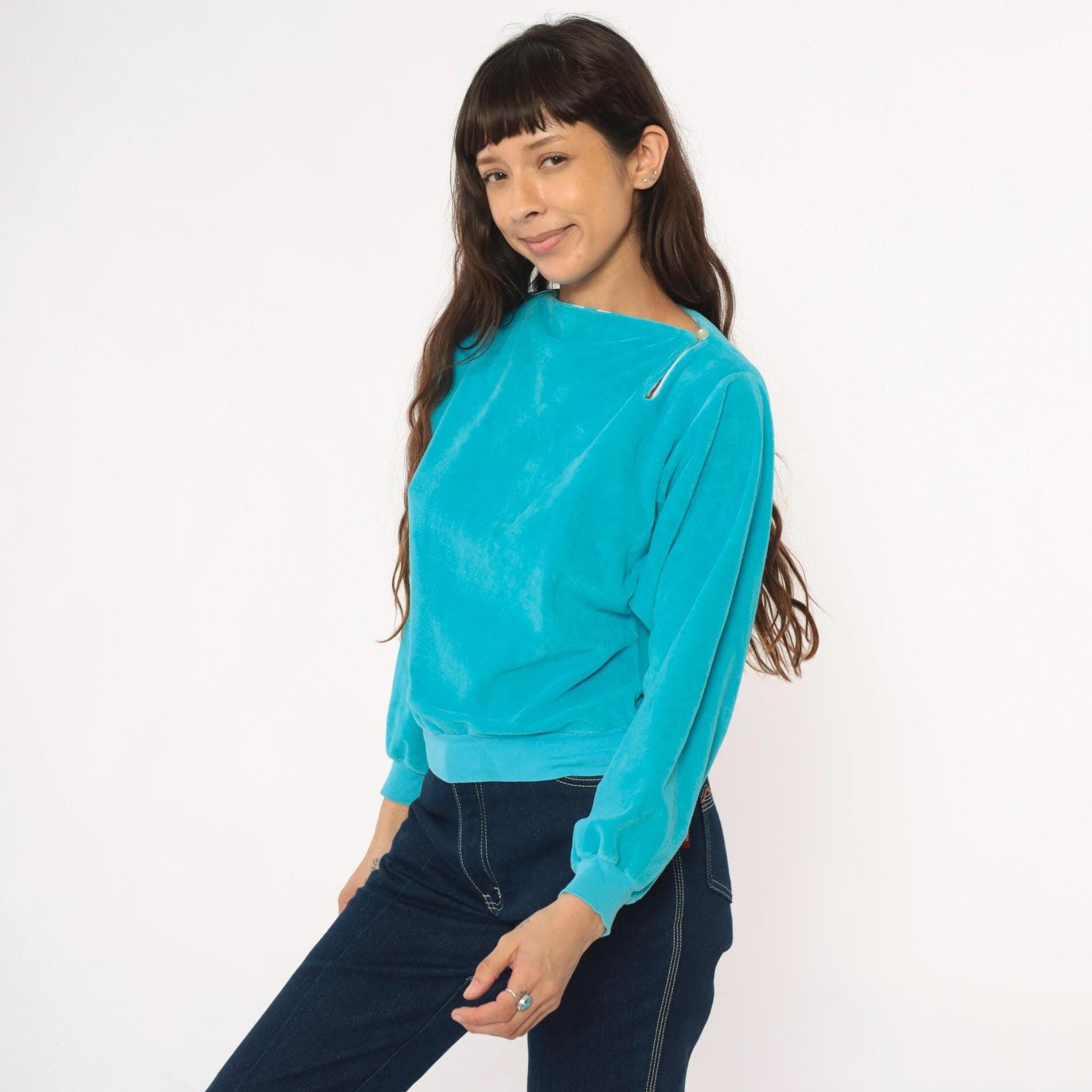 80s Terrycloth Sweatshirt Teal Asymmetrical Neck Striped Collar Pullover Small