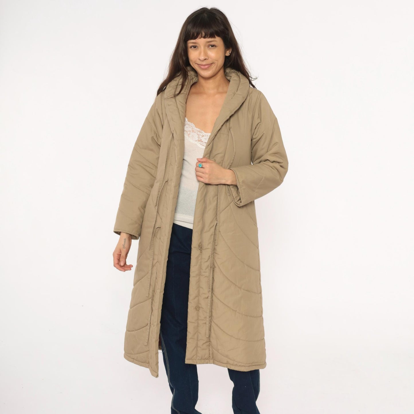 80s Tan Quilted Parka Jacket Chevron Shawl Collar Tie Front Duster Extra Small XS