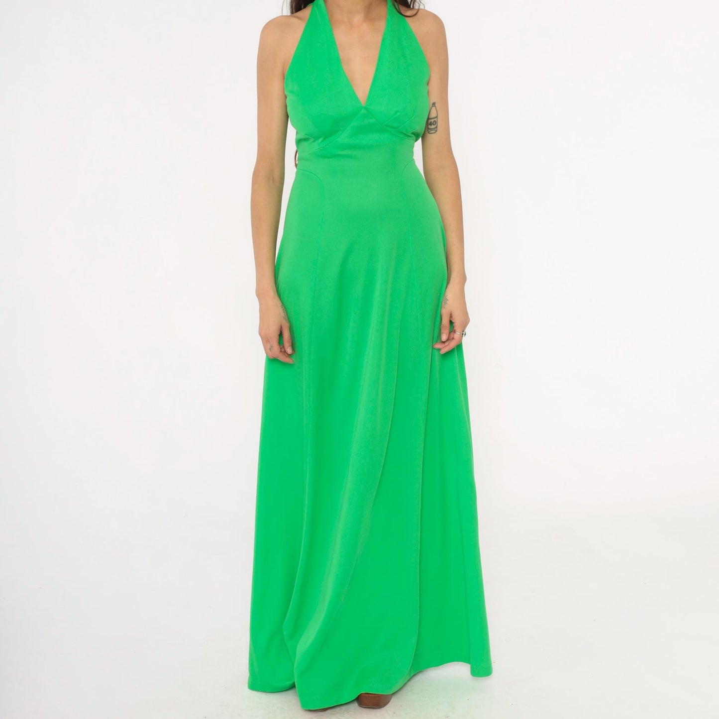 70s Green Halter Maxi Dress Deep V Neck Tie Waist Empire A-Line Medium